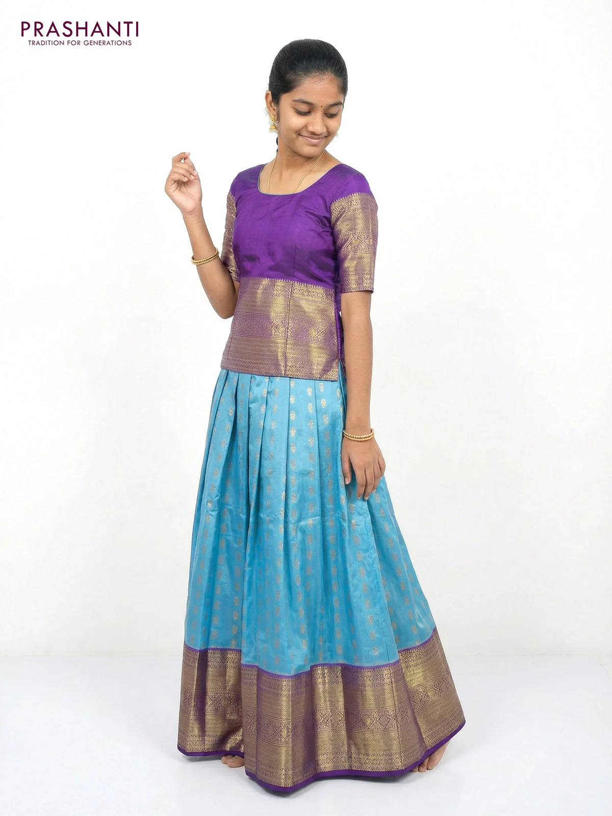 Pure silk unstitched kids lehenga light blue and dual sahde of purple with allover zari woven buttas and long zari woven border - Image 2