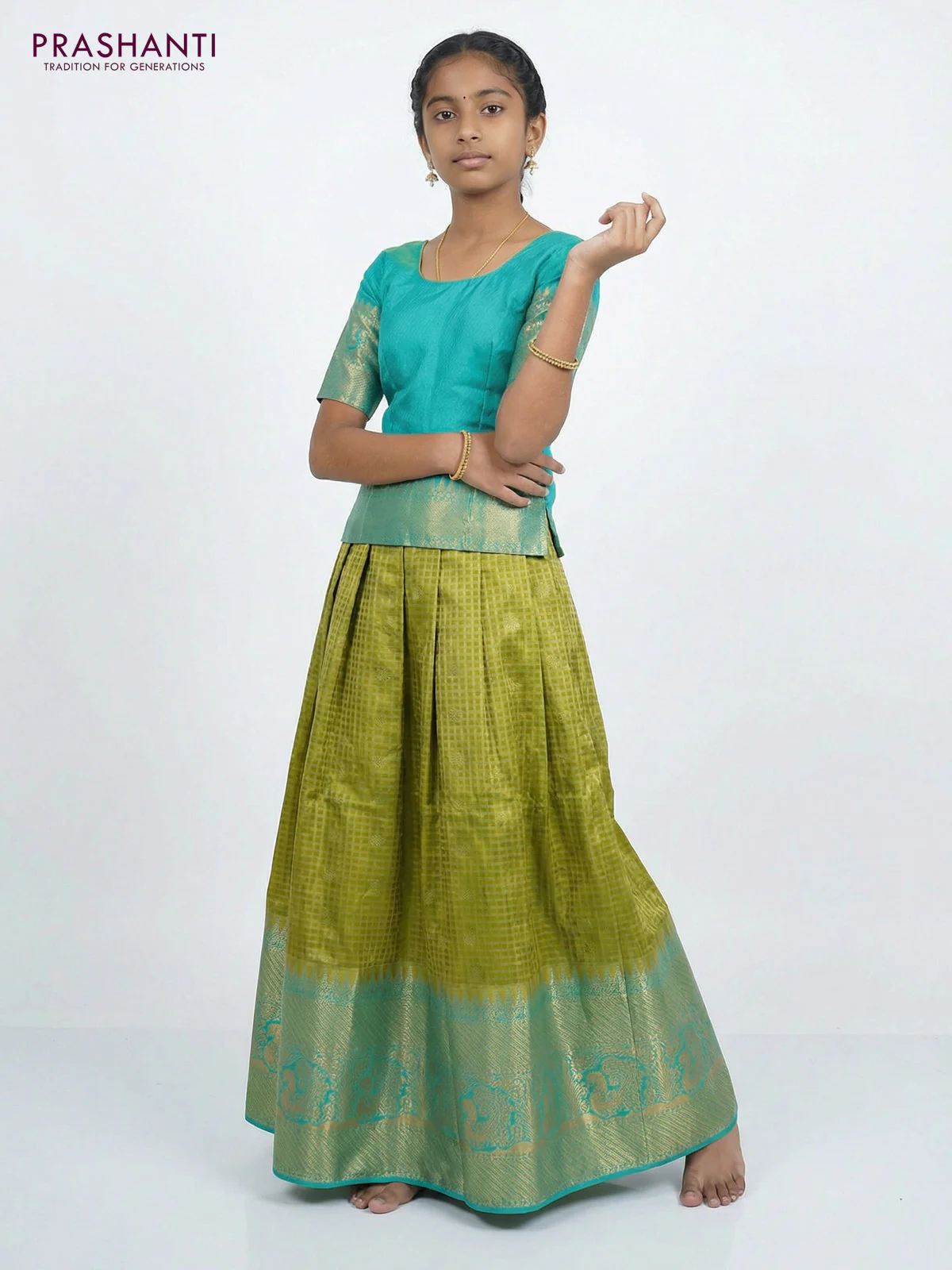 Pure silk unstitched kids lehenga lime yellow and teal blue with allover zari woven brocade weaves and long zari woven border - Image 2