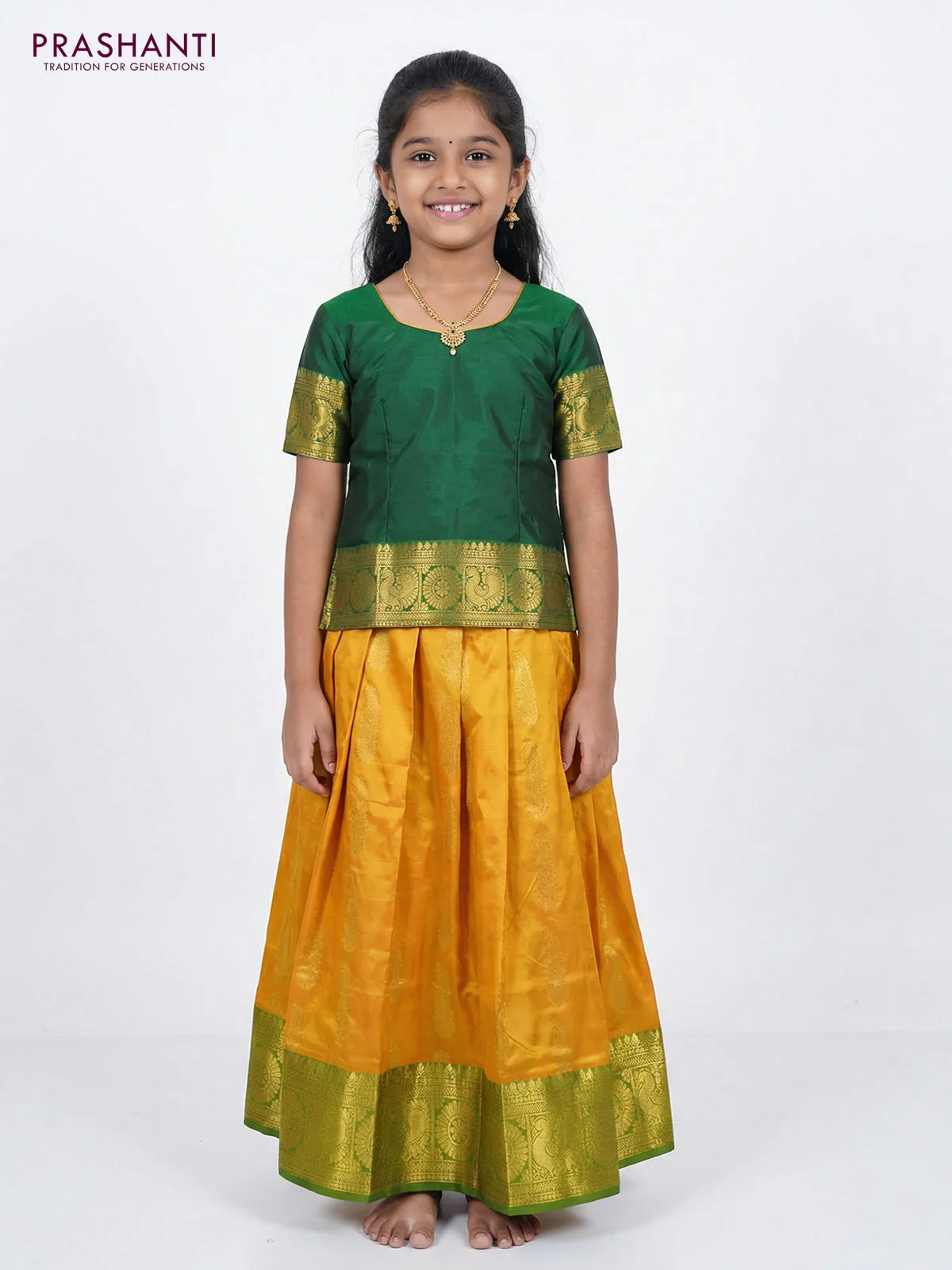 Pure silk unstitched kids lehenga mango yellow and green with paisley zari woven buttas and rich zari woven border - Image 2