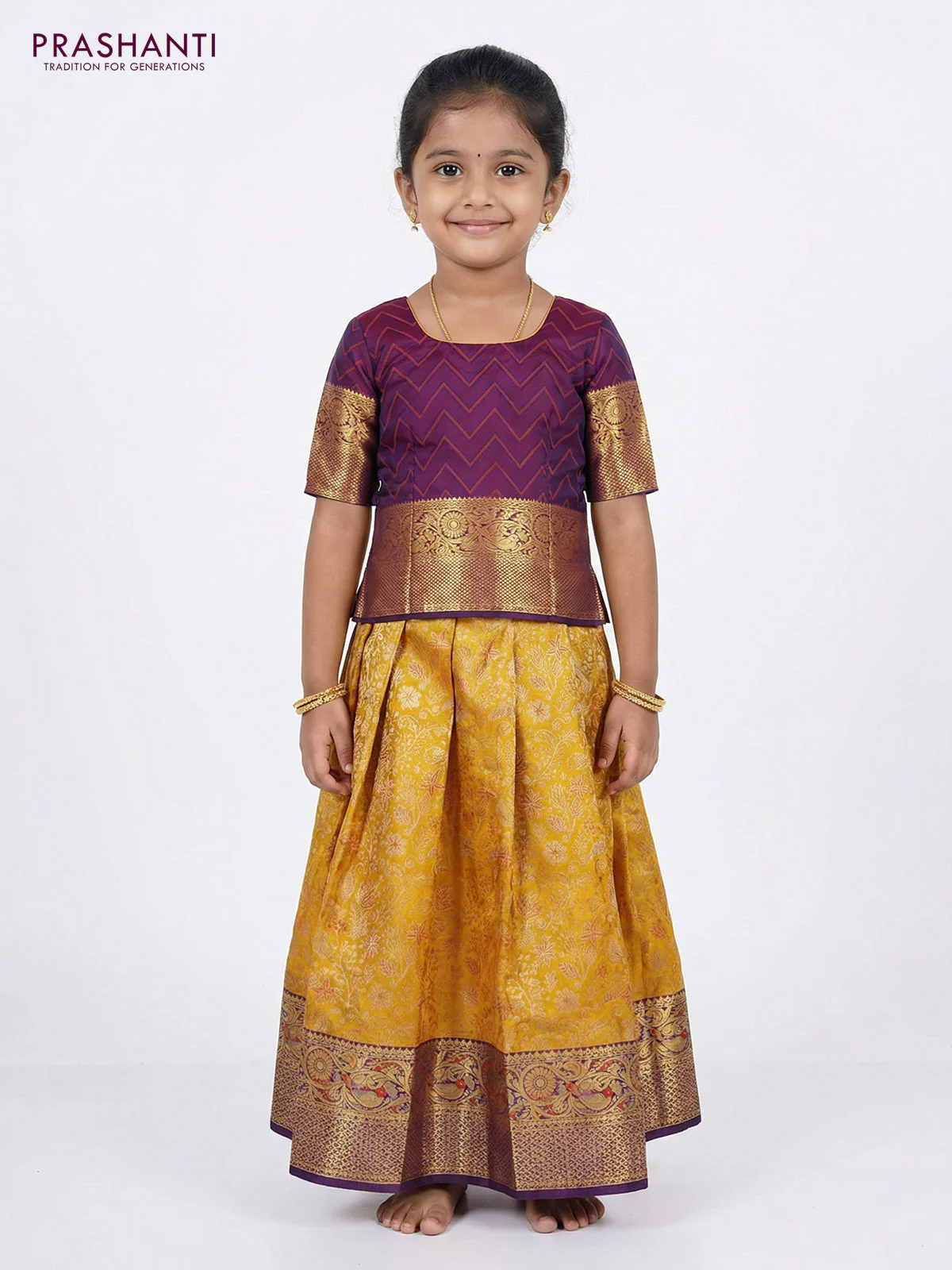 Pure silk unstitched kids lehenga mango yellow and purple shade with allover zari woven brocade weaves and rich zari woven border - Image 2
