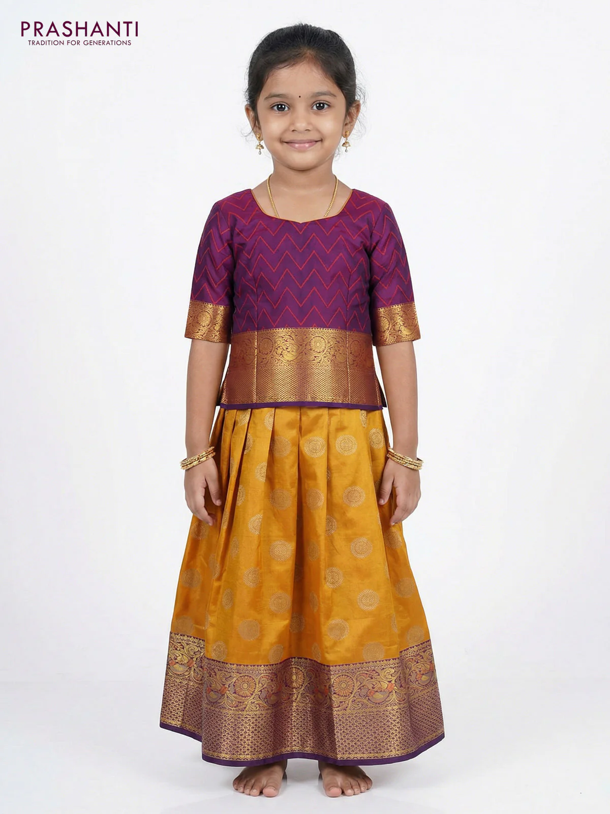 Pure silk unstitched kids lehenga mango yellow and violet with silver zari woven buttas and rich zari woven border - Image 2