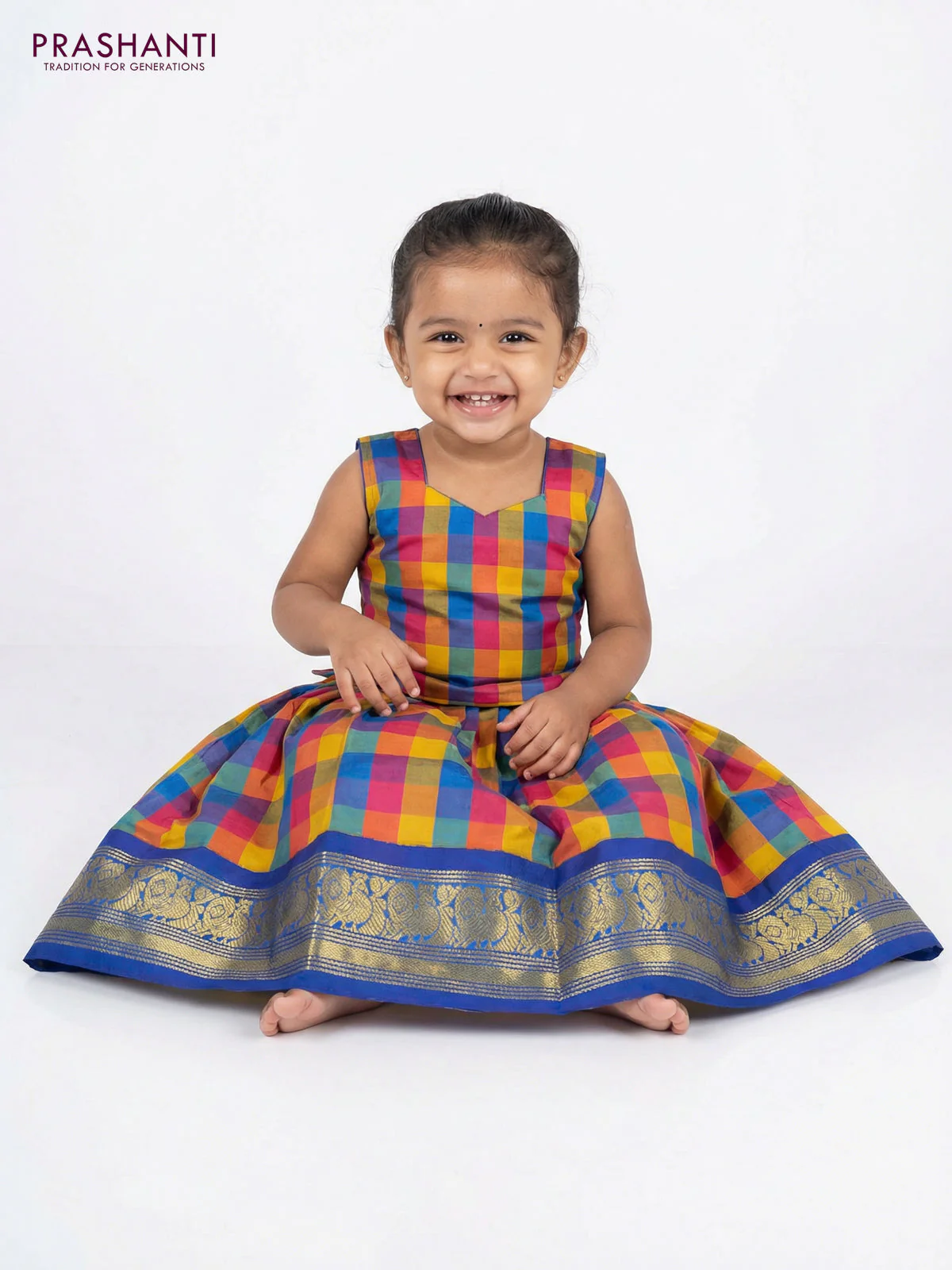 Pure silk unstitched kids lehenga multi colour and blue with allover paalum pazhamum checks and zari woven border - Image 2