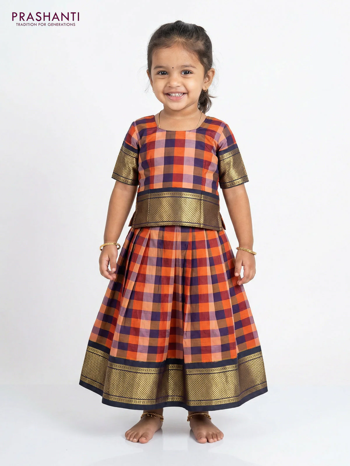 Pure silk unstitched kids lehenga multi colour and dual shade of bottle green with allover paalum pazhamum checks and zari woven border - Image 2