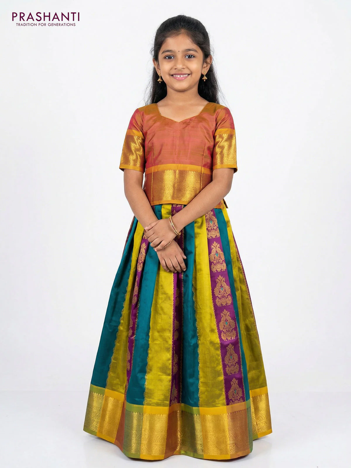 Pure silk unstitched kids lehenga multi colour and dual shade of yellowish purple with allover zari weaves and zari woven border - Image 2
