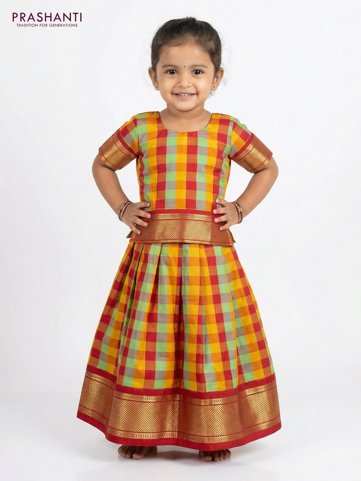 Pure silk unstitched kids lehenga multi colour and maroon with allover paalum pazhamum checks and zari woven border - Image 2