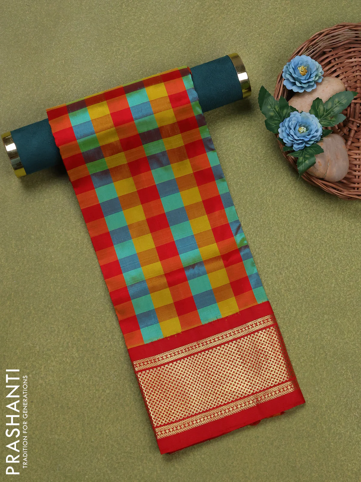 Pure silk unstitched kids lehenga multi colour and red with allover paalum pazhamum checks and zari woven border