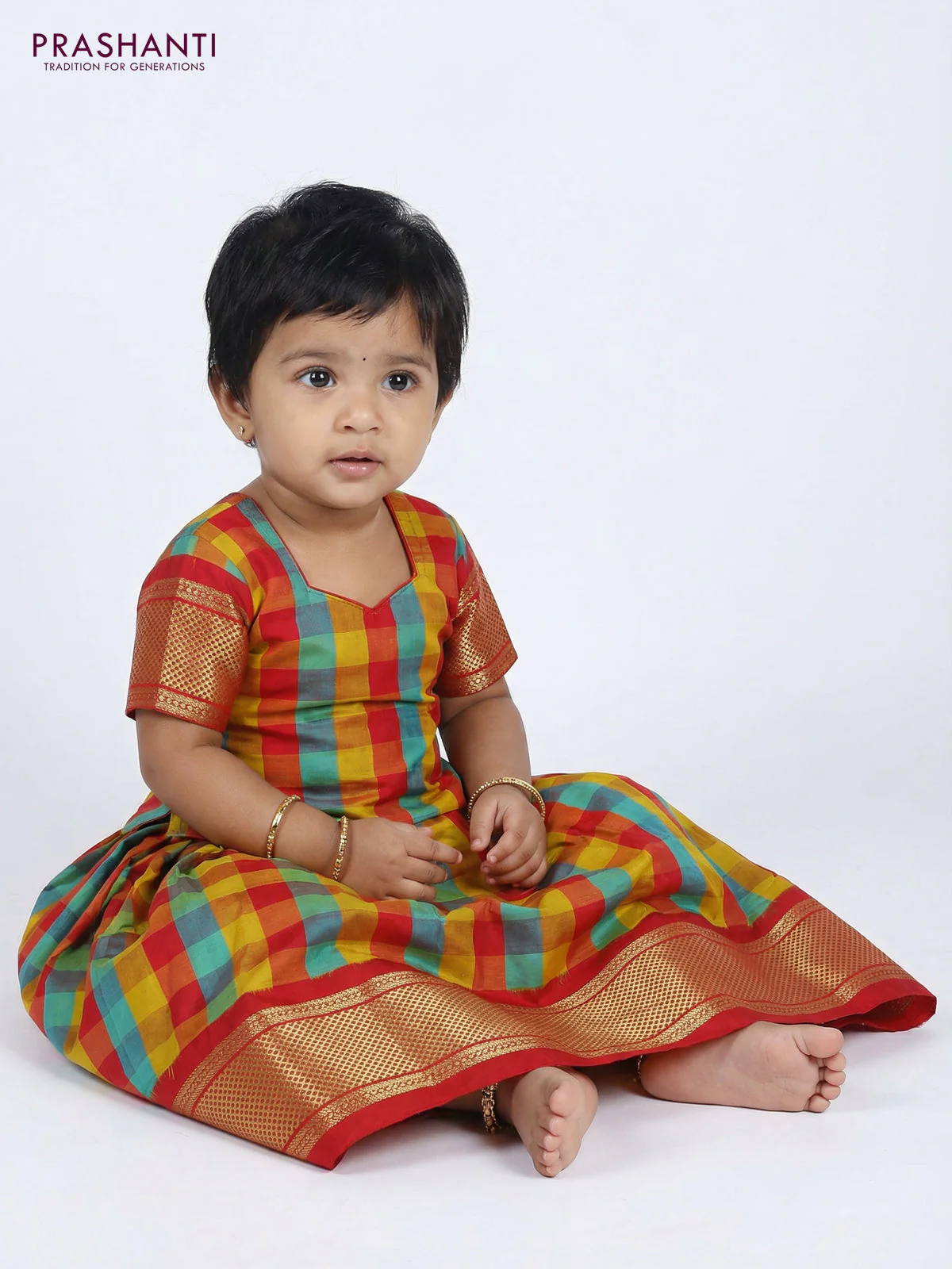 Pure silk unstitched kids lehenga multi colour and red with allover paalum pazhamum checks and zari woven border - Image 2