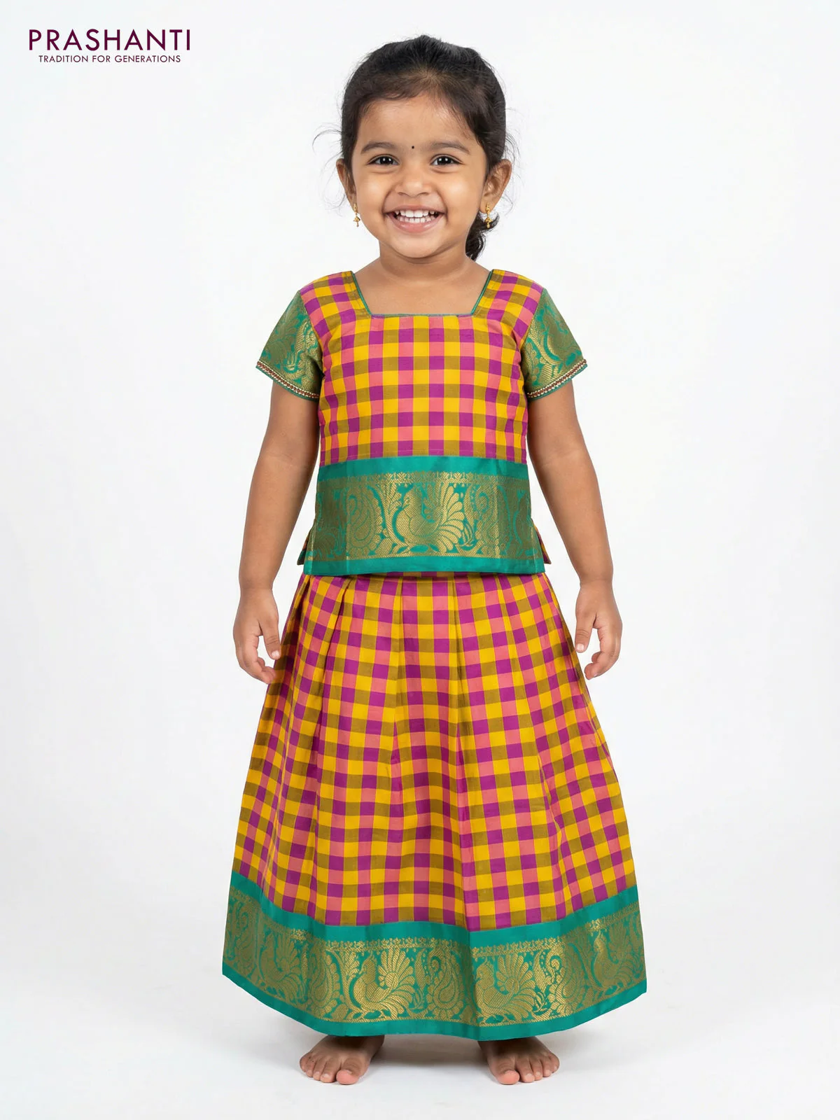 Pure silk unstitched kids lehenga multi colour and teal green with allover paalum pazhamum checks and zari woven border - Image 2