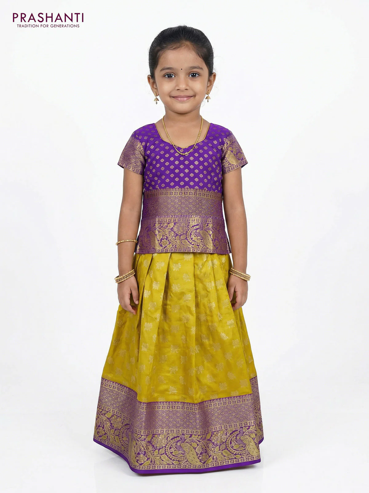 Pure silk unstitched kids lehenga mustard yellow and violet with allover zari woven buttas and rich zari woven border - Image 2