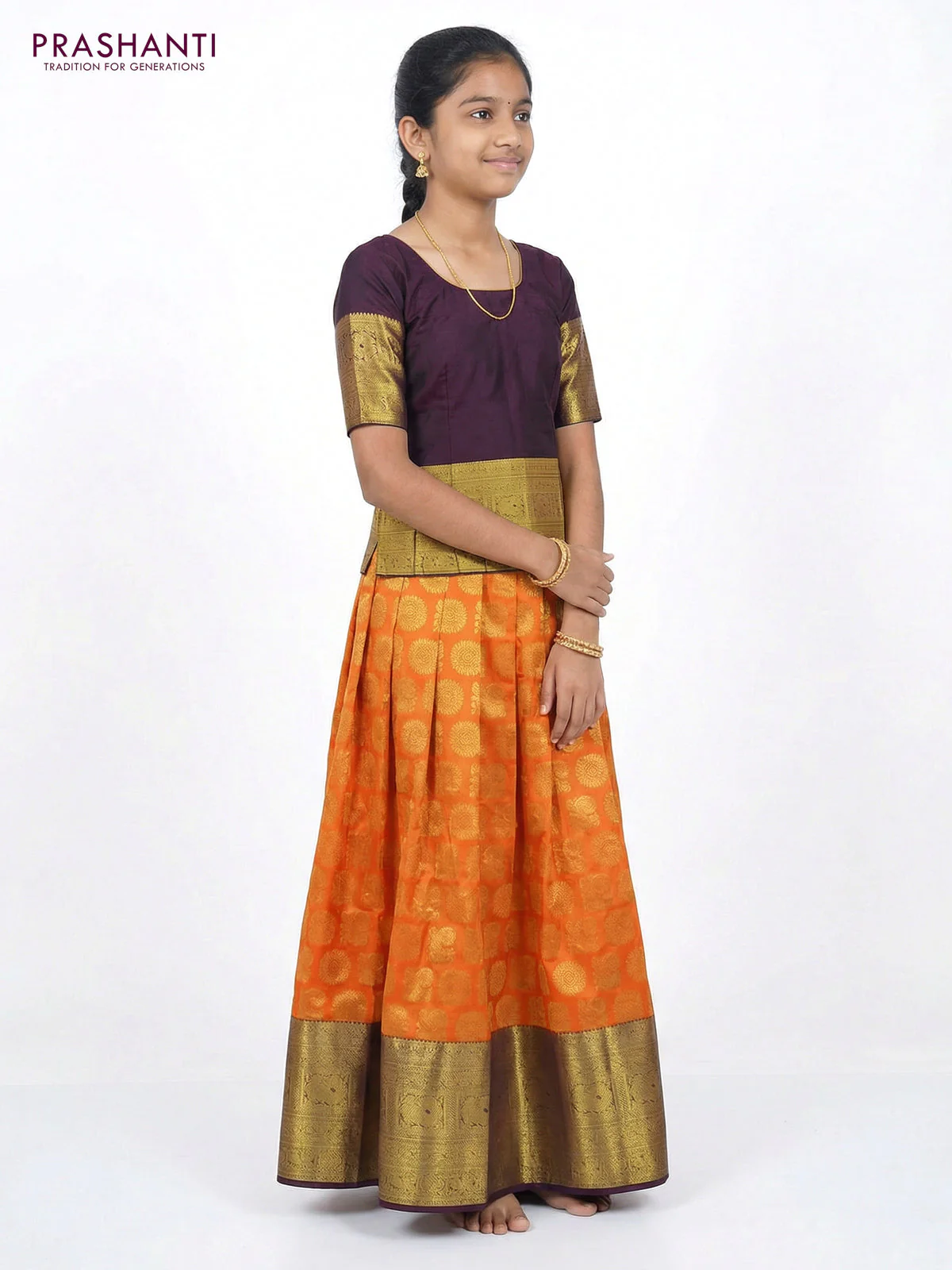 Pure silk unstitched kids lehenga orange and deep purple with allover zari woven annam & rudhuraksha buttas and long zari woven border - Image 2