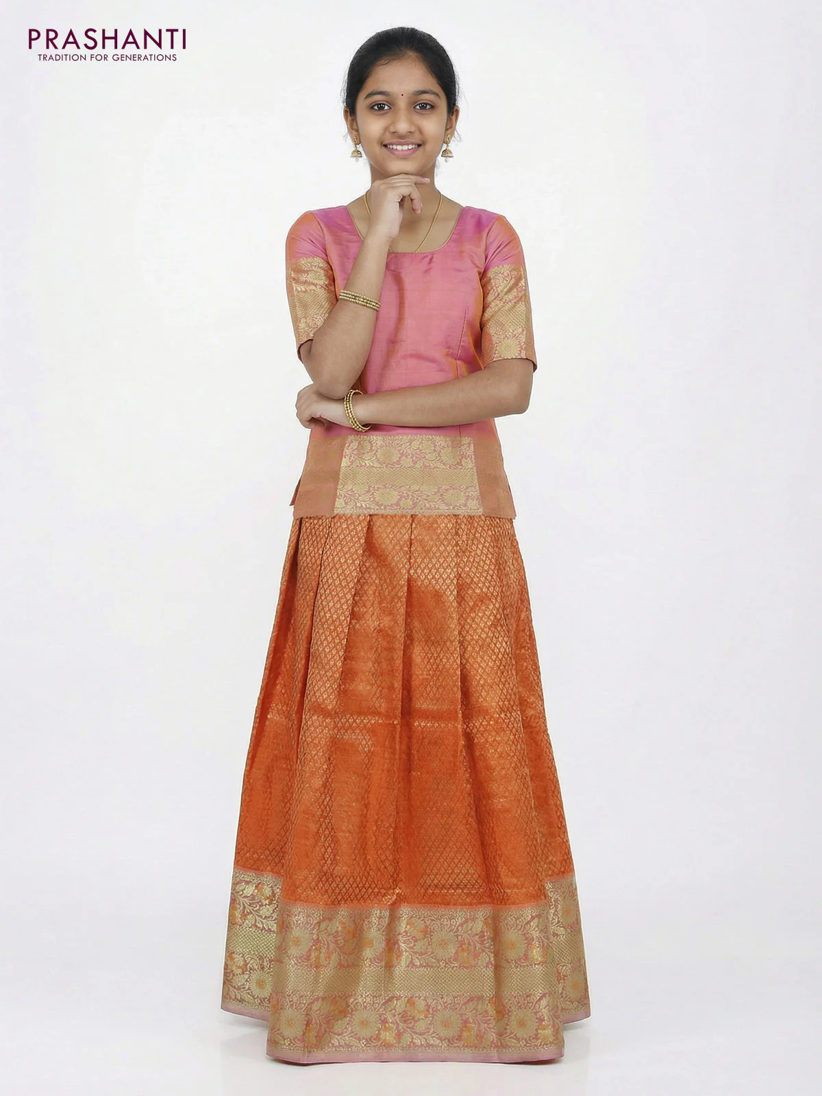 Pure silk unstitched kids lehenga orange and dual shade of lotus pink with allover silver zari woven brocade weaves and long floral zari woven border - Image 2