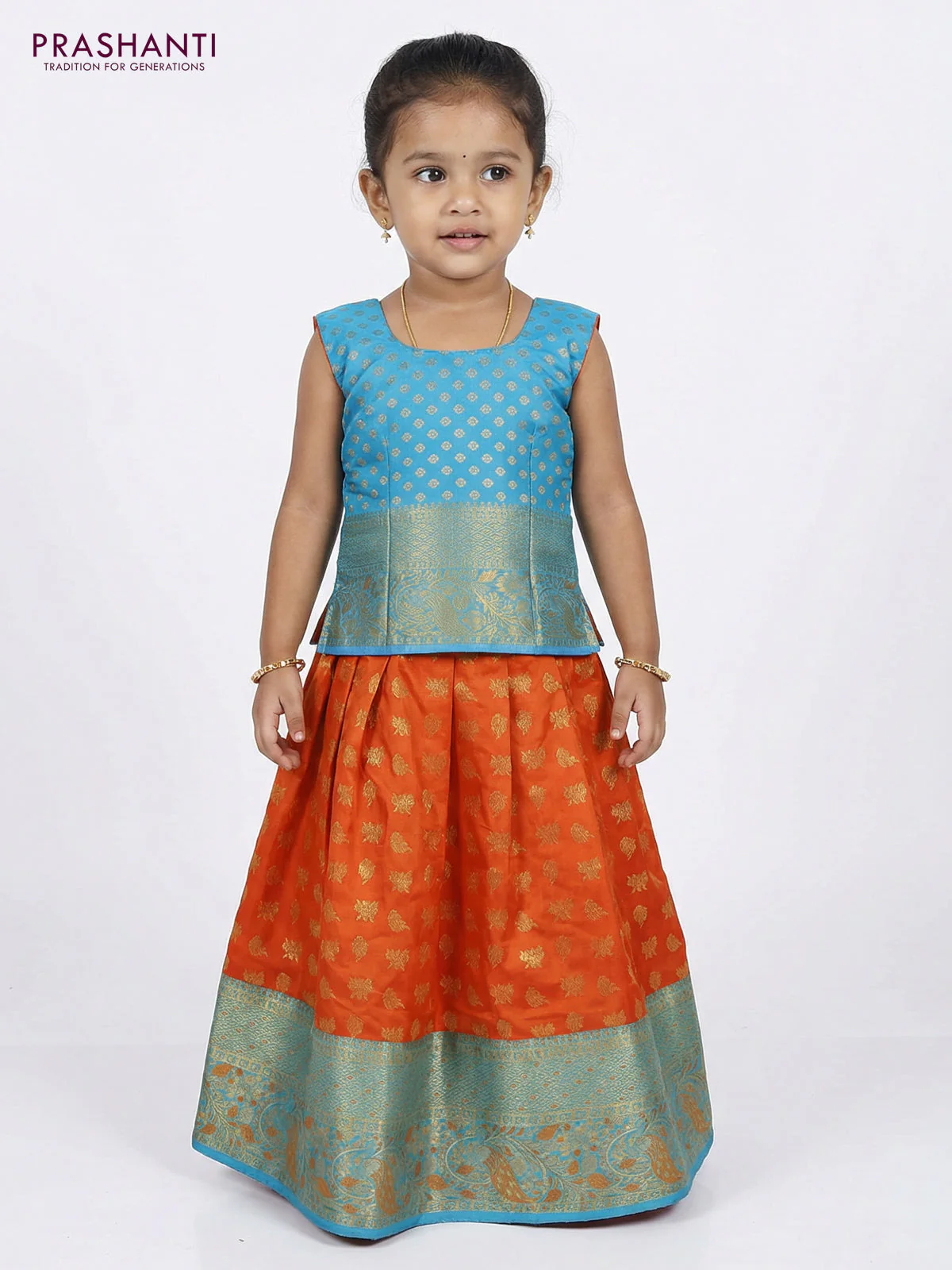 Pure silk unstitched kids lehenga orange and teal blue with allover zari woven buttas and rich zari woven border - Image 2