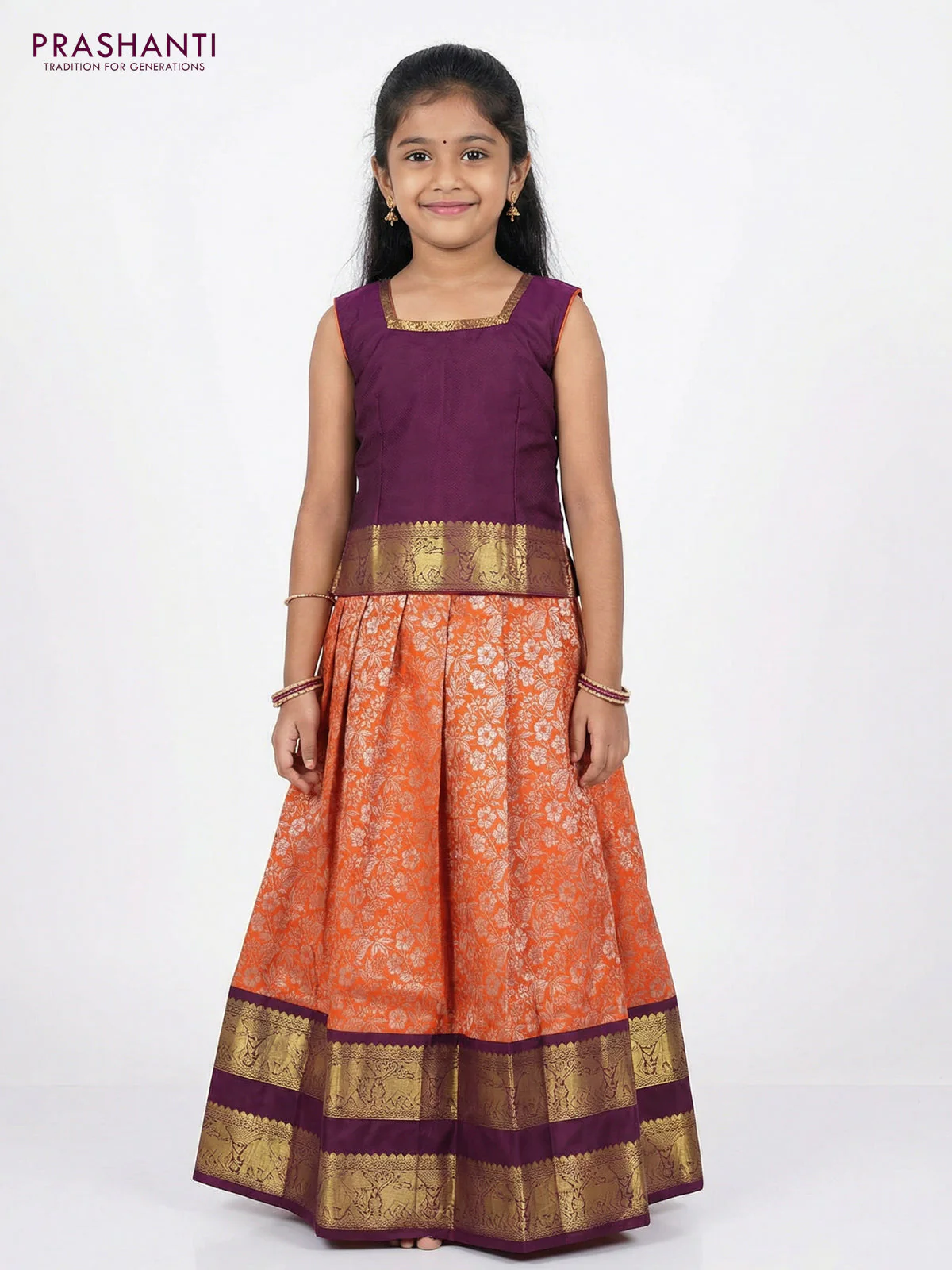 Pure silk unstitched kids lehenga orange and wine shade with allover silver zari woven brocade weaves and rich rettapet zari woven border - Image 2
