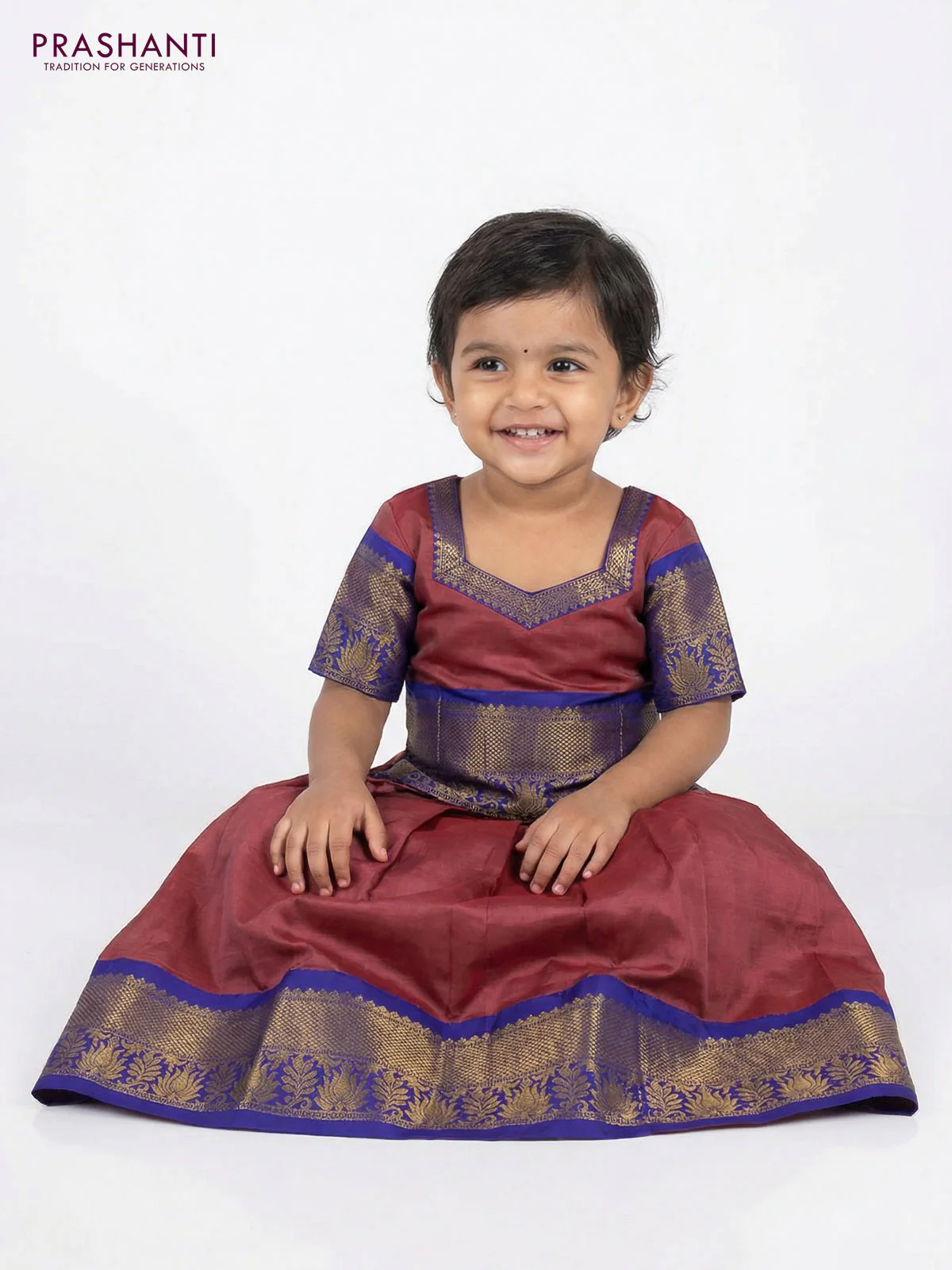 Pure silk unstitched kids lehenga pastel maroon and blue with plain body and zari woven border - Image 2