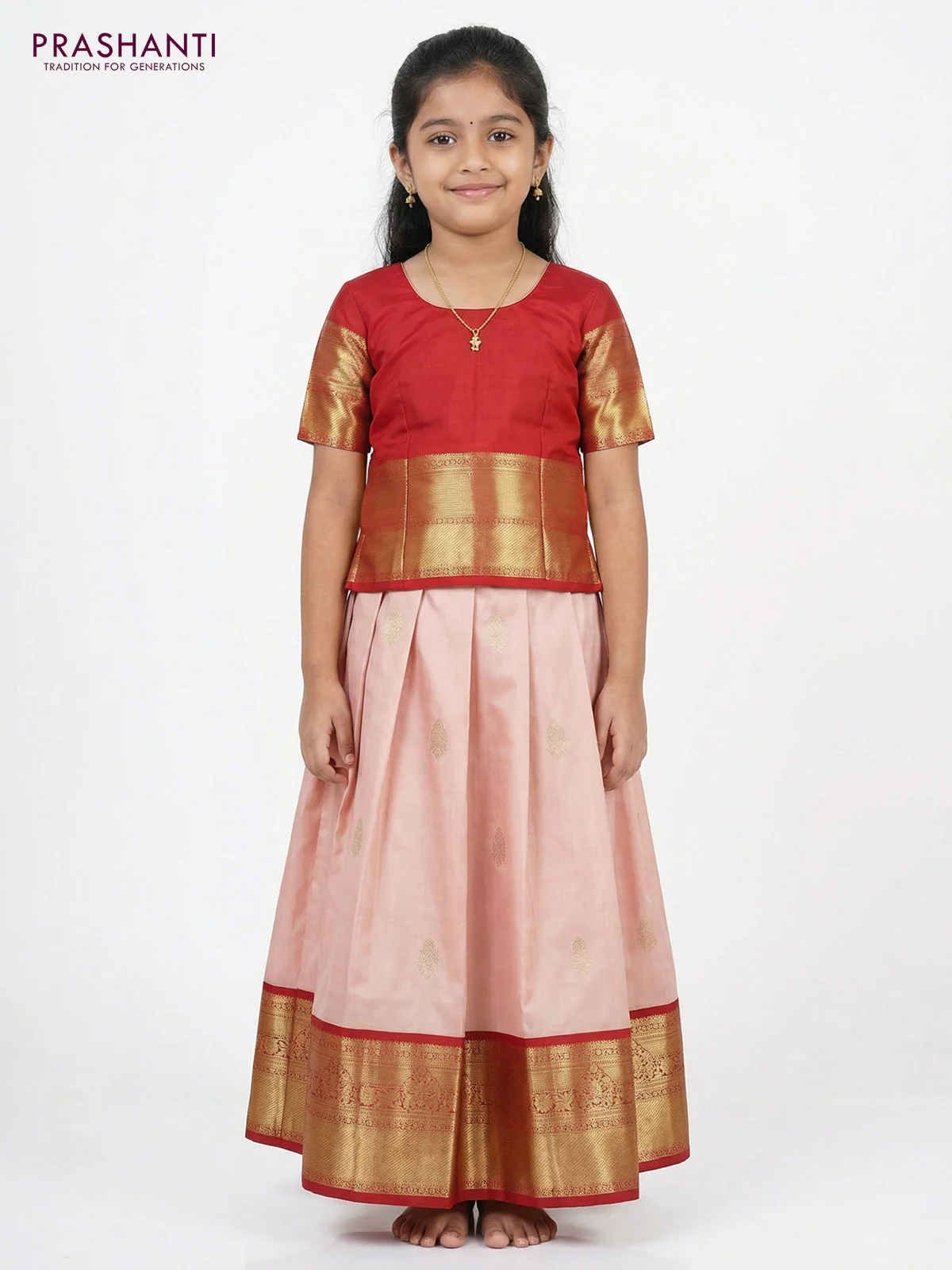 Pure silk unstitched kids lehenga pastel peach and pink with zari woven buttas and rich zari woven border - Image 2