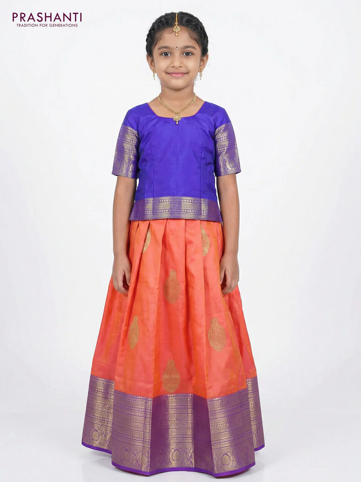 Pure silk unstitched kids lehenga peach orange and blue with zari woven buttas and long zari woven border - Image 2