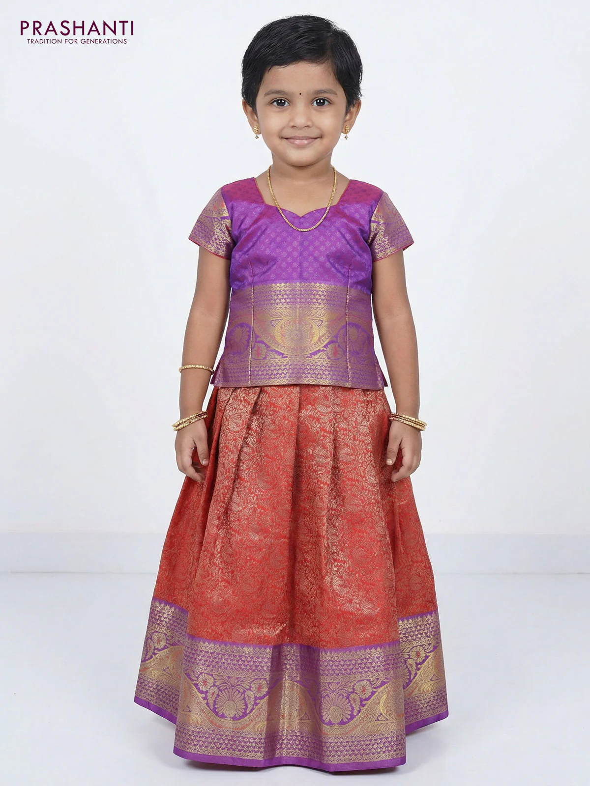 Pure silk unstitched kids lehenga peach shade and lavender with allover silver zari woven buttas and rich zari woven border - Image 2