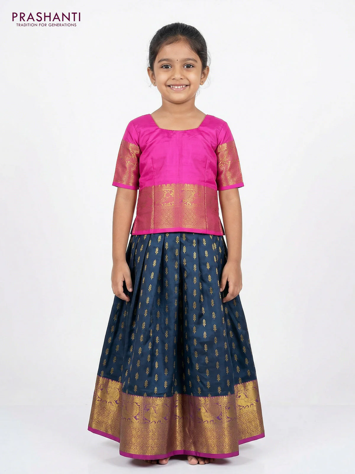 Pure silk unstitched kids lehenga peacock blue and pink with allover zari woven buttas and rich zari woven border - Image 2
