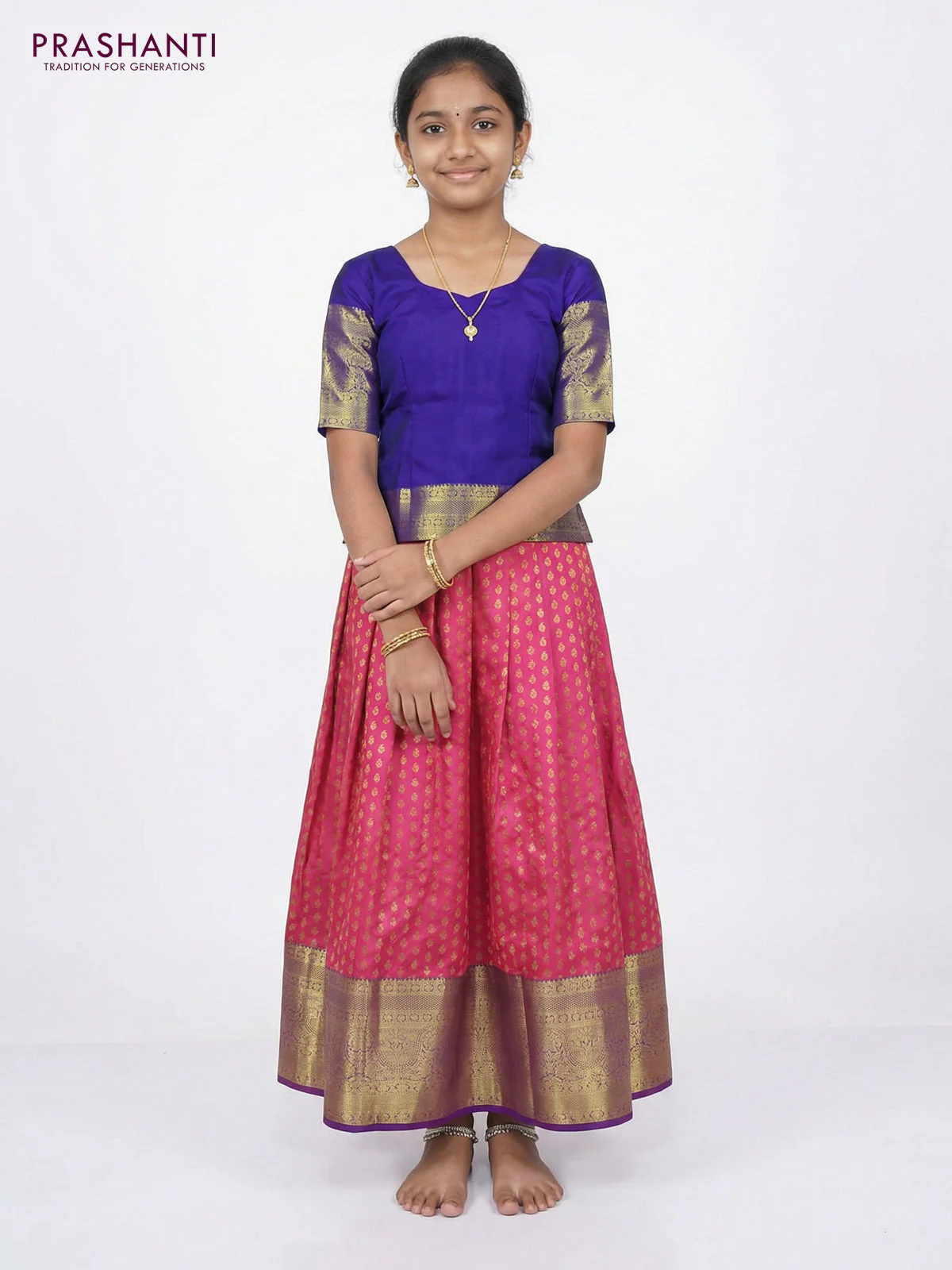 Pure silk unstitched kids lehenga pink and blue with allover zari weaves and long zari woven border - Image 2