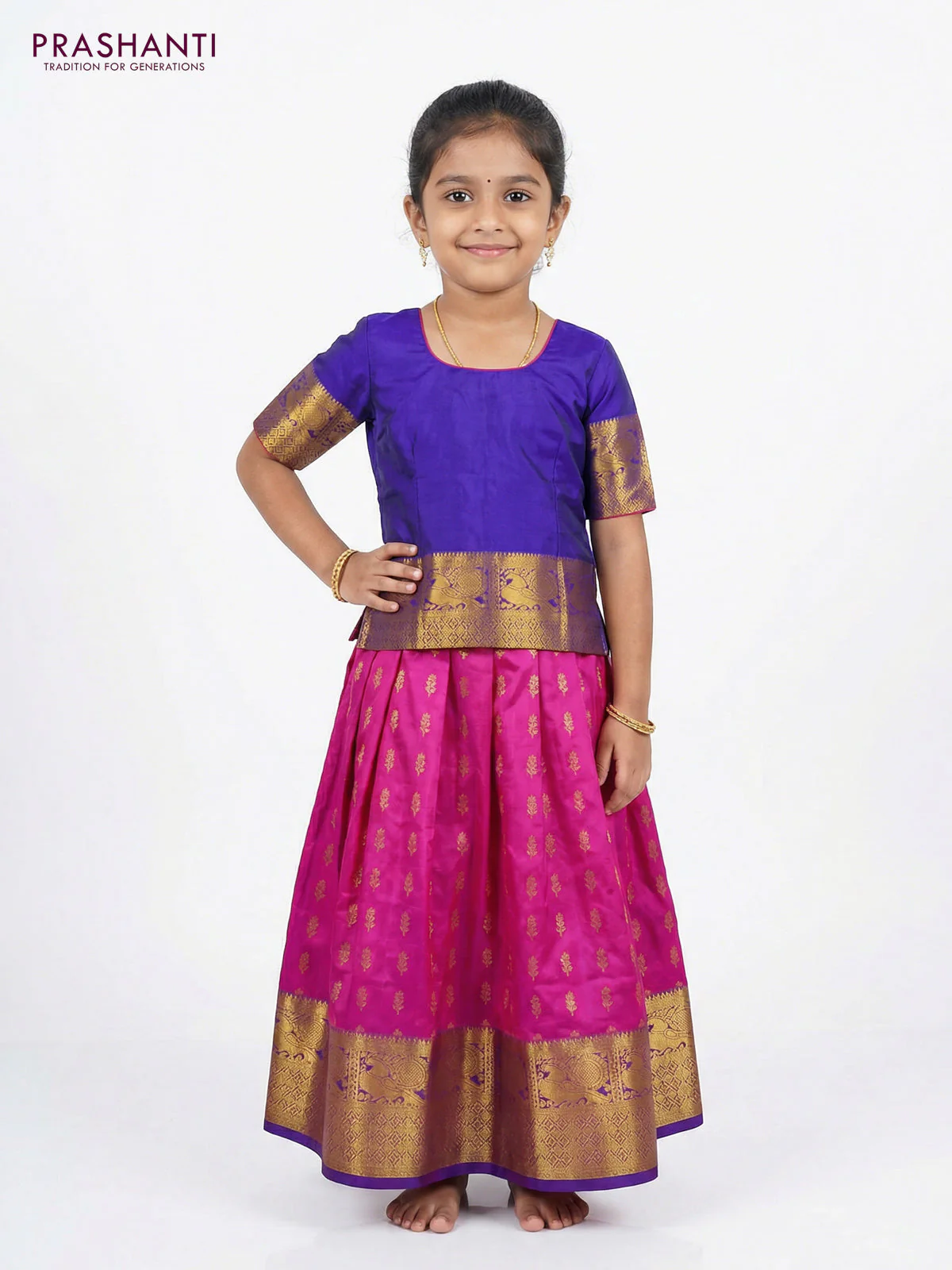 Pure silk unstitched kids lehenga pink and blue with allover zari woven buttas and rich annam zari woven border - Image 2