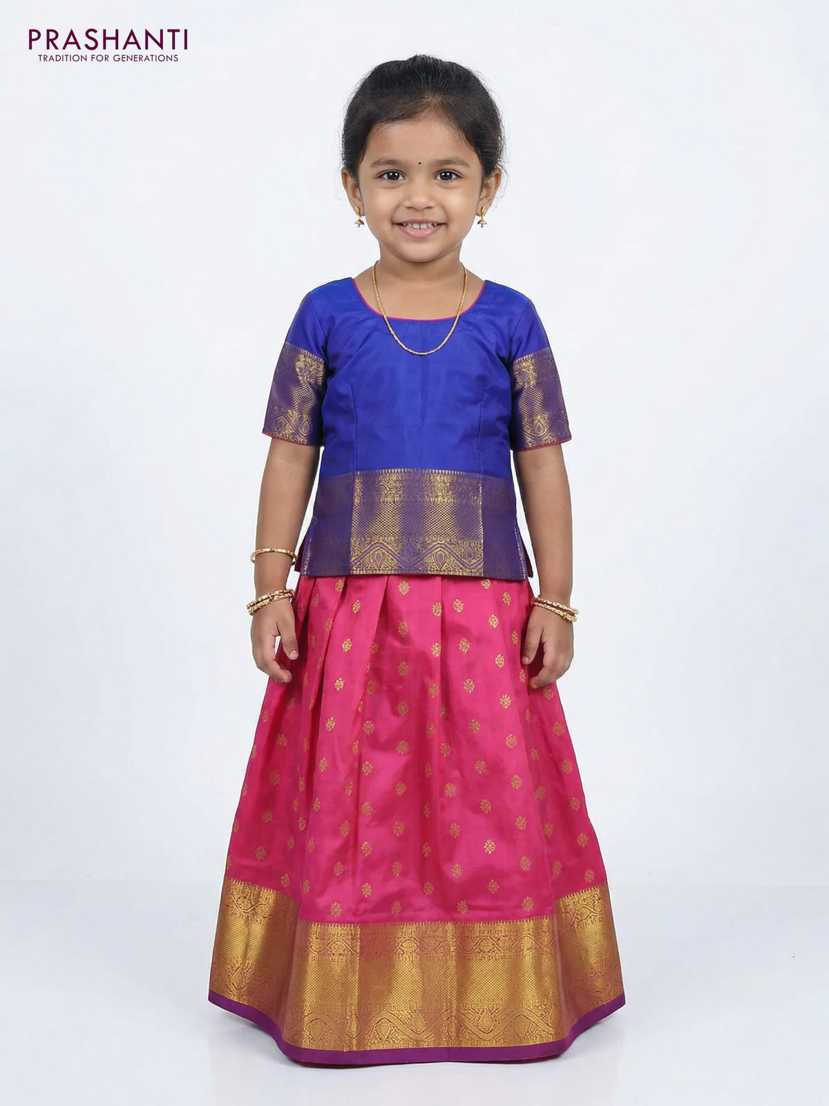 Pure silk unstitched kids lehenga pink and blue with allover zari woven buttas and rich zari woven border - Image 2