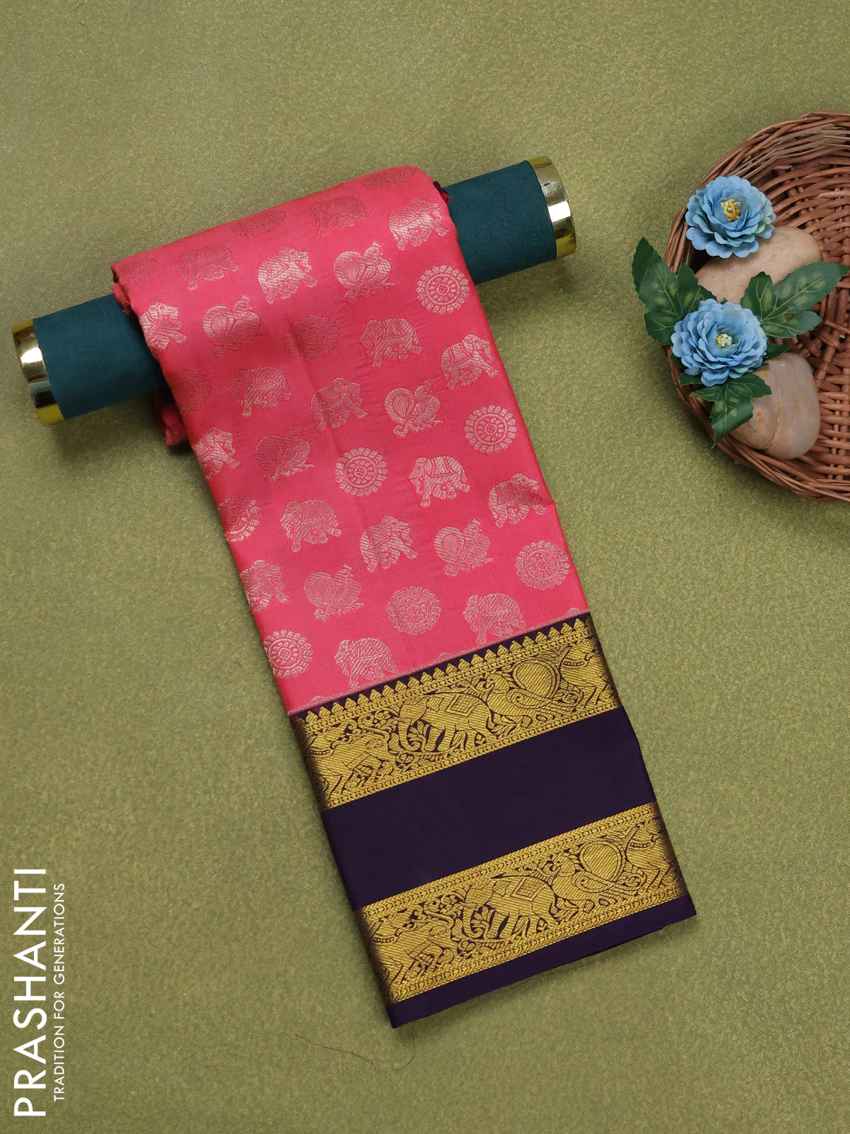 Pure silk unstitched kids lehenga pink and deep violet with allover silver zari woven buttas and rettapet zari woven border