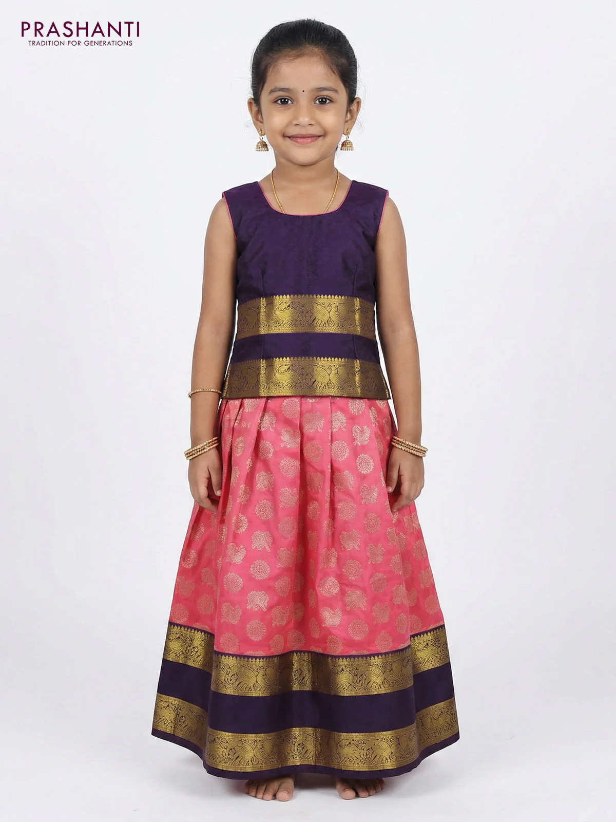 Pure silk unstitched kids lehenga pink and deep violet with allover silver zari woven buttas and rettapet zari woven border - Image 2