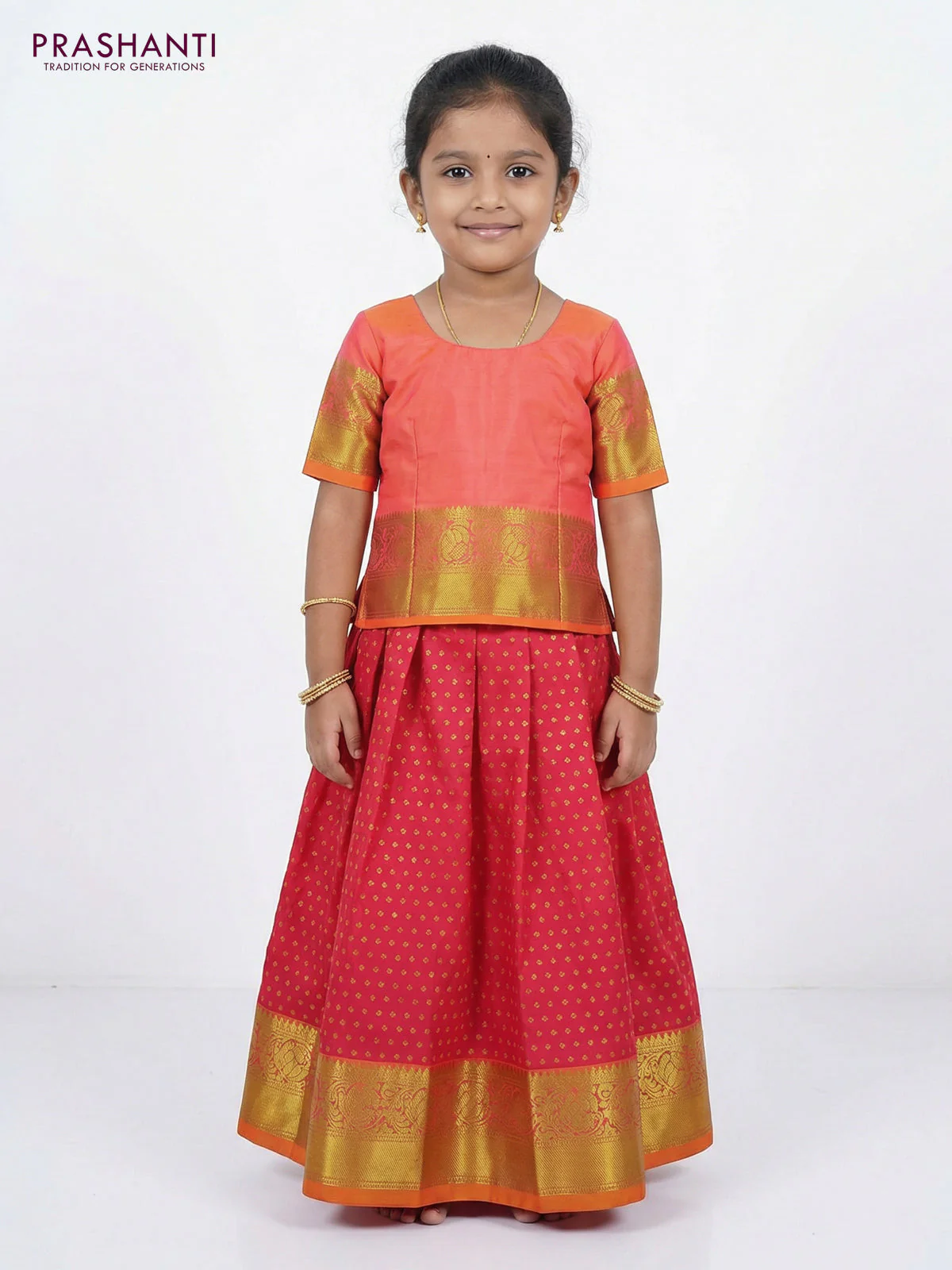 Pure silk unstitched kids lehenga pink and dual shade of mango yellow with allover zari weaves and rich zari woven border - Image 2