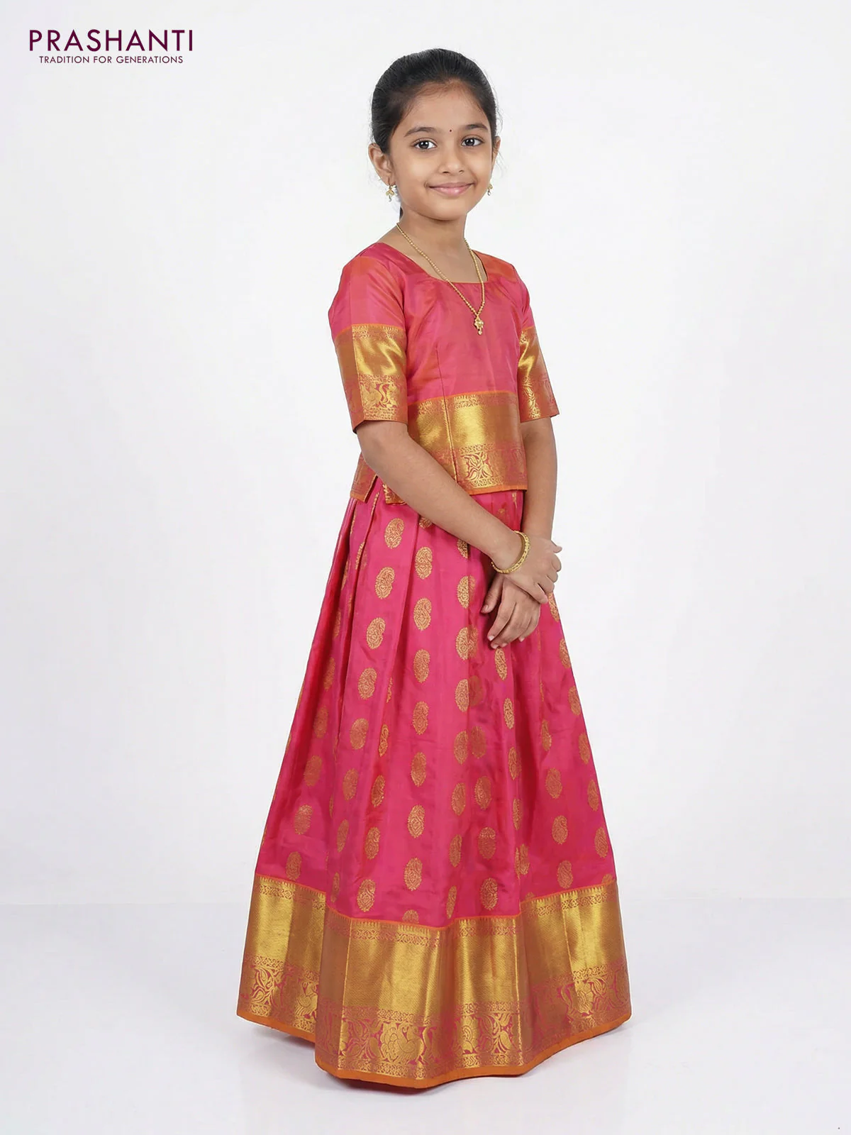 Pure silk unstitched kids lehenga pink and dual shade of mustard with paisley zari woven buttas and rich zari woven border - Image 2