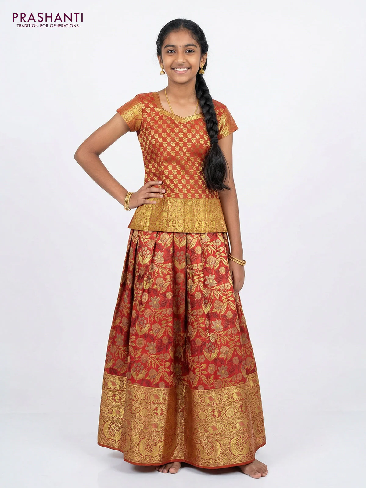 Pure silk unstitched kids lehenga pink and dual shade of orange with allover zari woven brocade weaves and long zari woven border - Image 2