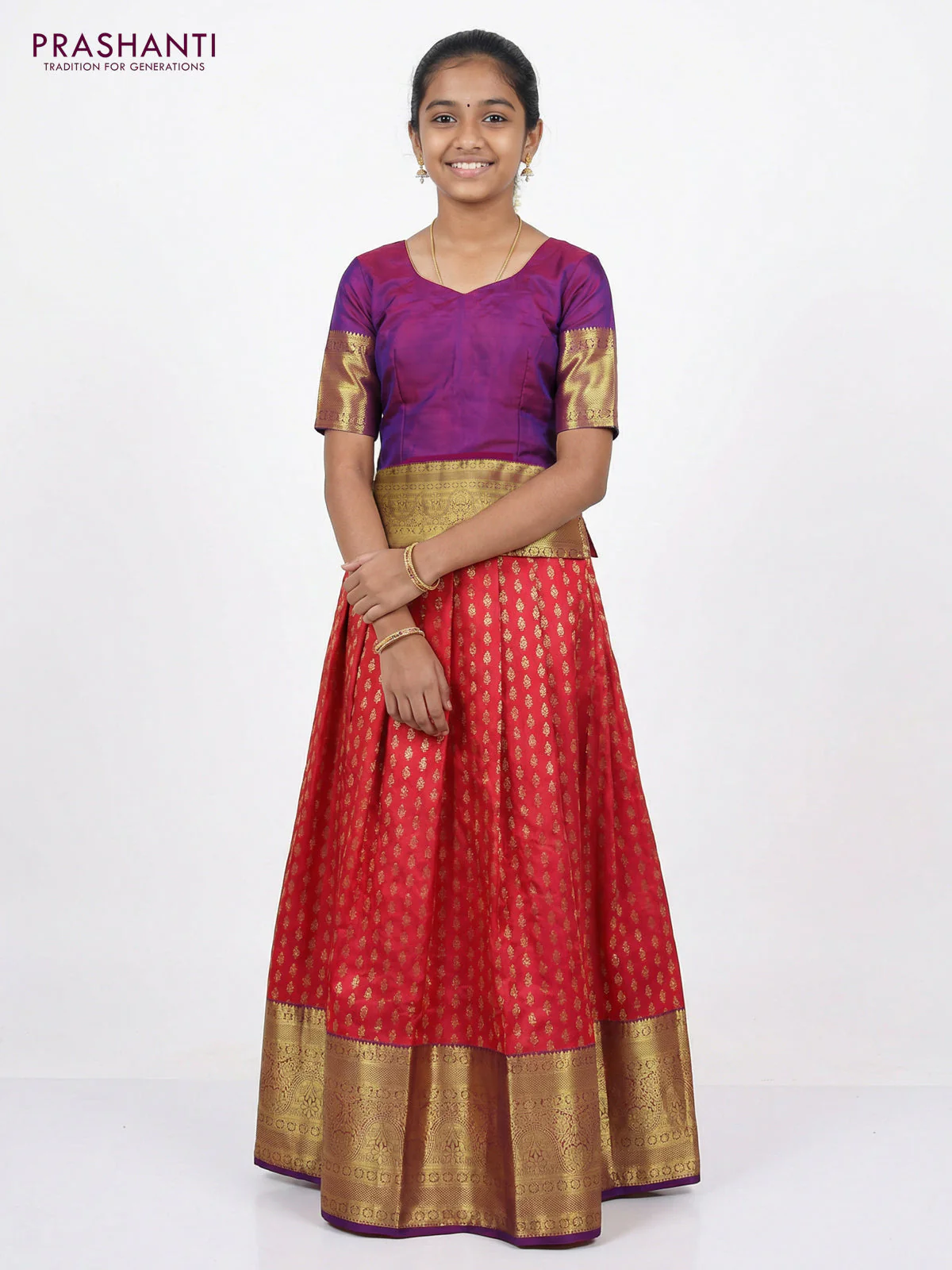 Pure silk unstitched kids lehenga pink and dual shade of purple with allover zari weaves and long zari woven border - Image 2