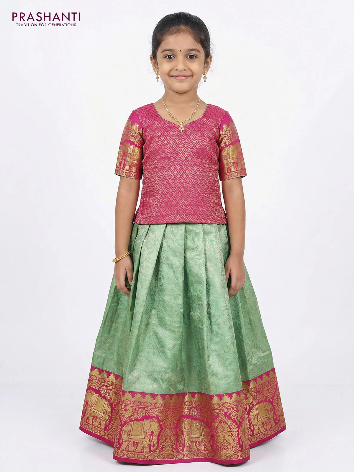 Pure silk unstitched kids lehenga pista green and pink with allover silver zari woven brocade weaves and rich zari woven border - Image 2