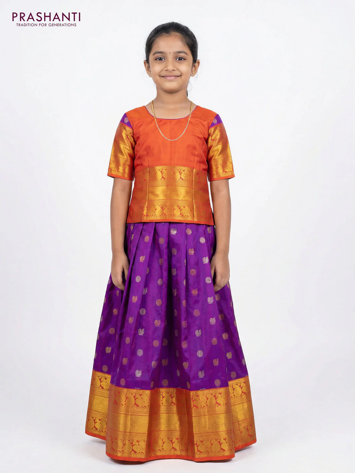 Pure silk unstitched kids lehenga purple and dual shade of orange with rudhraksha & annam zari woven buttas and long rich zari woven border - Image 2