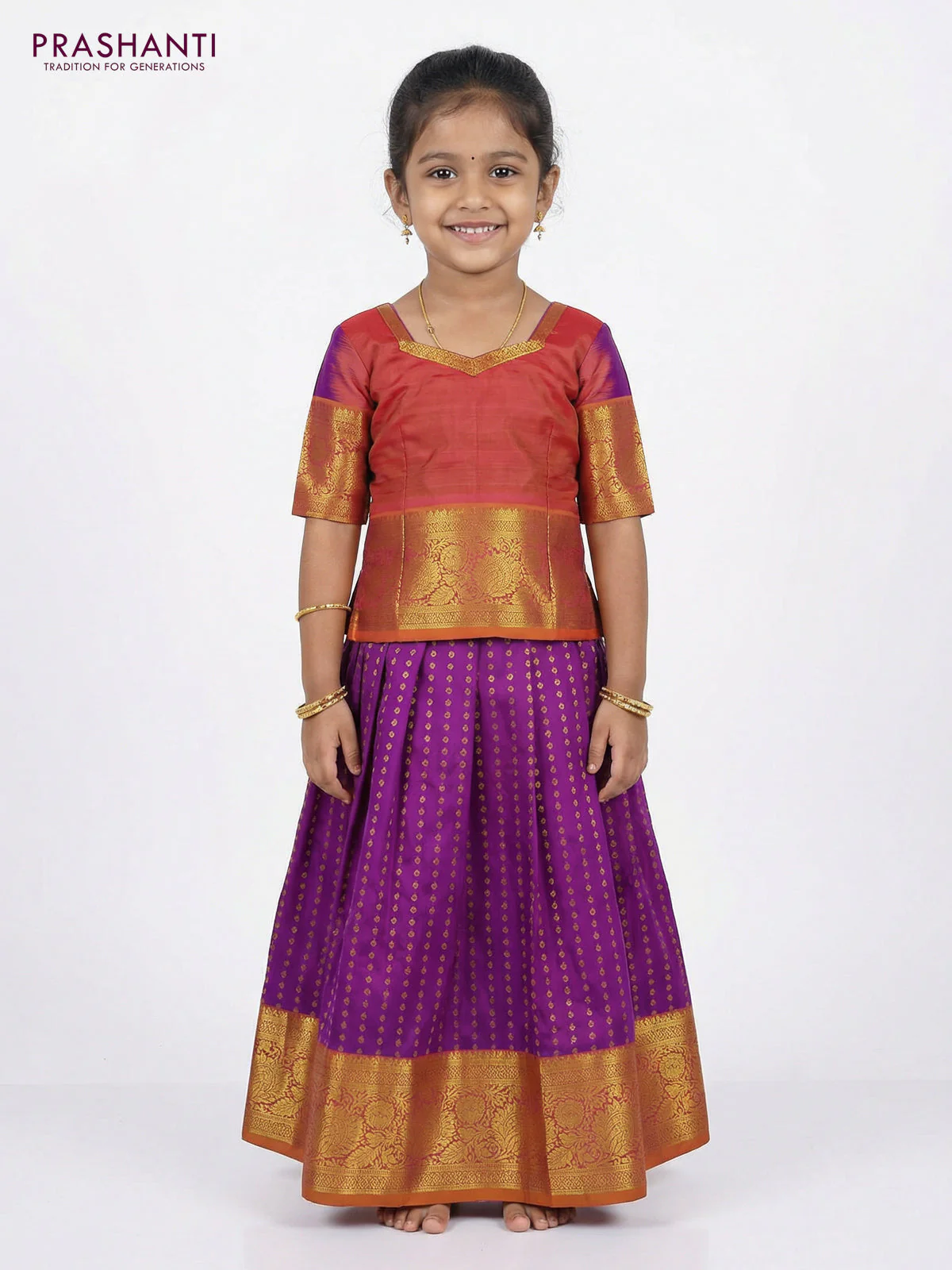 Pure silk unstitched kids lehenga purple and dual shade of pinkish yellow with allover zari weaves and rich zari woven border - Image 2