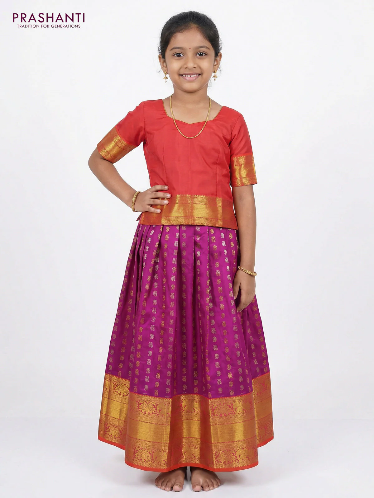Pure silk unstitched kids lehenga purple and orange with allover silver & gold zari woven buttas and long rich zari woven border - Image 2
