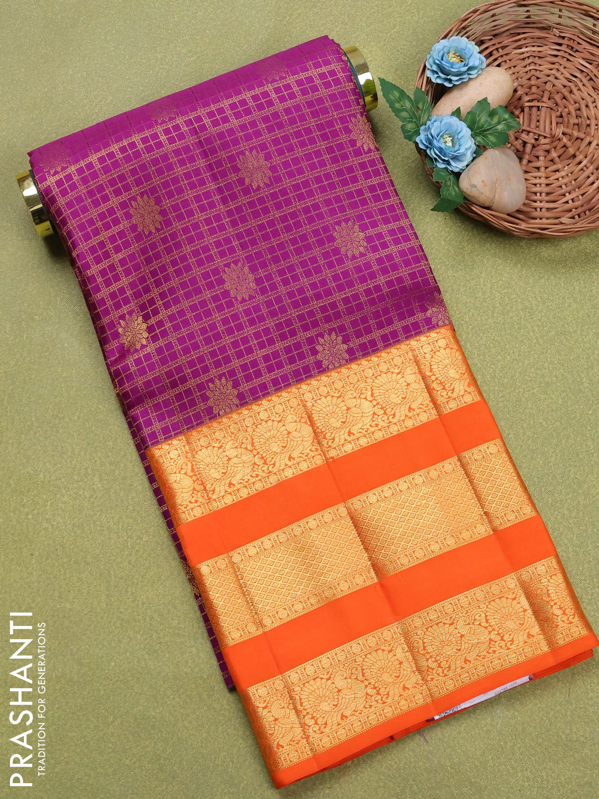 Pure silk unstitched kids lehenga purple and orange with allover zari woven brocade weaves and long zari woven border