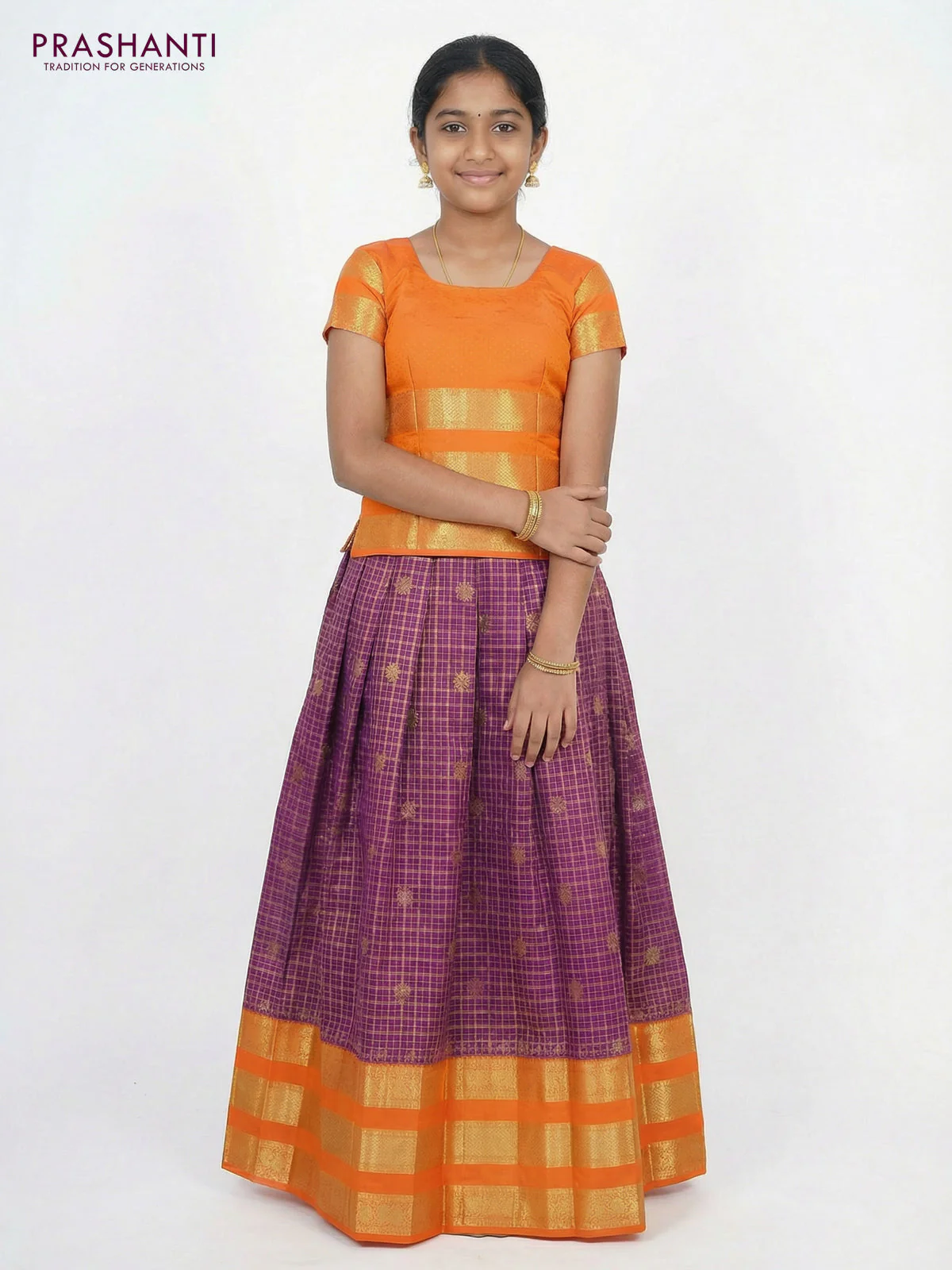Pure silk unstitched kids lehenga purple and orange with allover zari woven brocade weaves and long zari woven border - Image 2