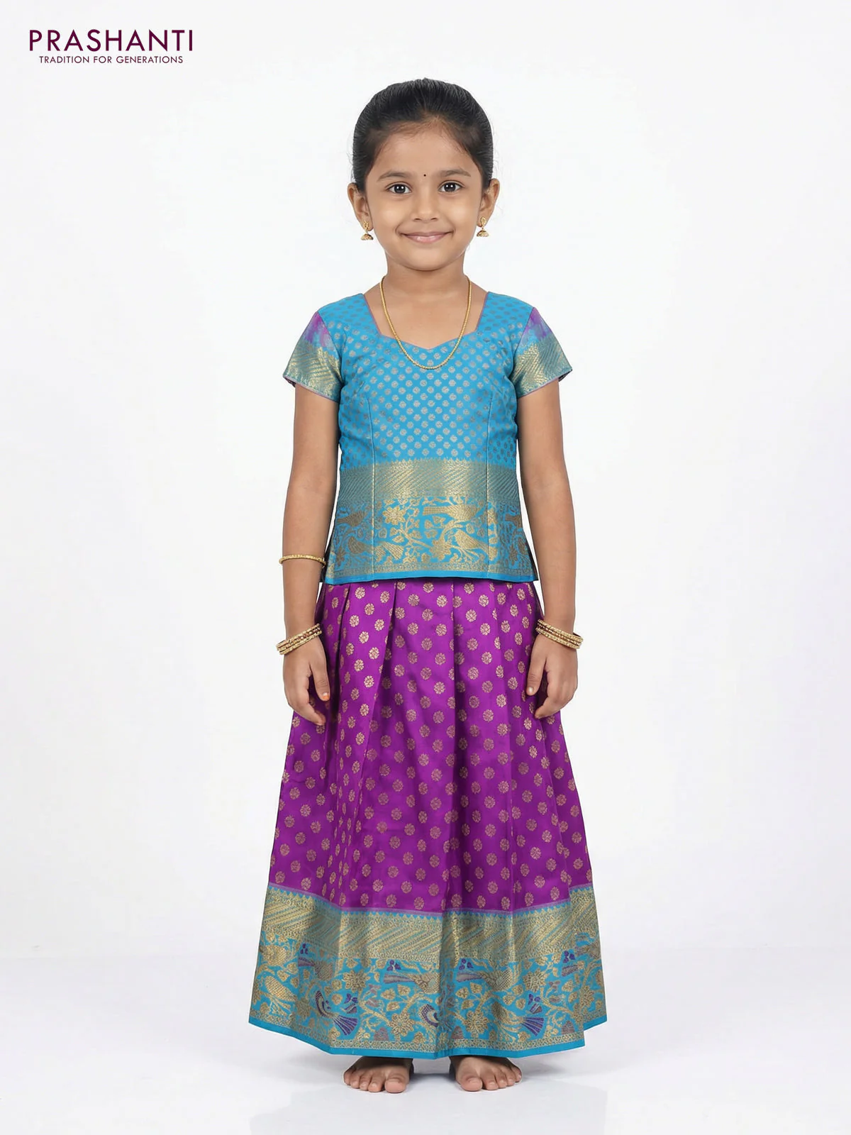Pure silk unstitched kids lehenga purple and teal blue with allover zari woven buttas and rich zari woven border - Image 2