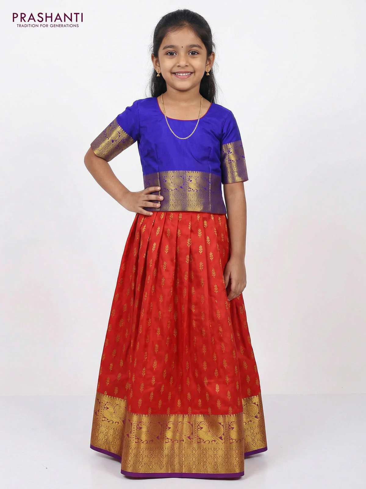 Pure silk unstitched kids lehenga red and blue with allover zari woven buttas and annnam zari woven border - Image 2