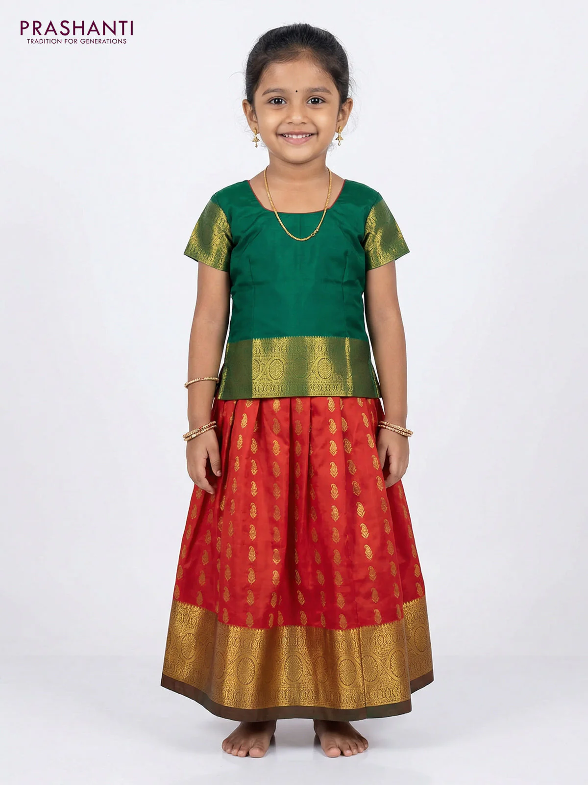 Pure silk unstitched kids lehenga red and green with allover zari woven buttas and rich zari woven border - Image 2