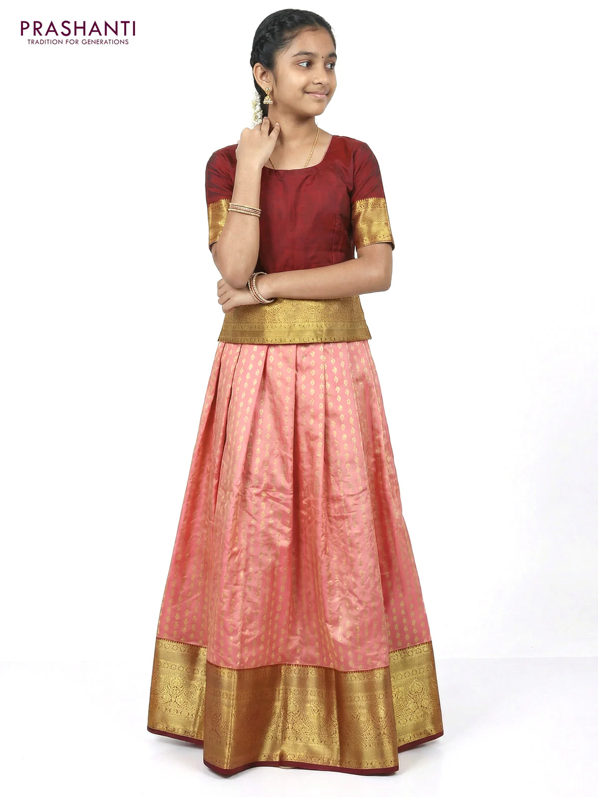 Pure silk unstitched kids lehenga red shade and maroon with allover zari weaves and long zari woven border - Image 2