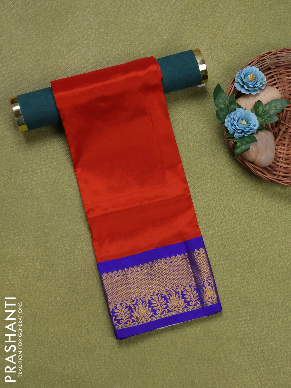Pure silk unstitched kids lehenga rustic orange and blue with plain body and zari woven border