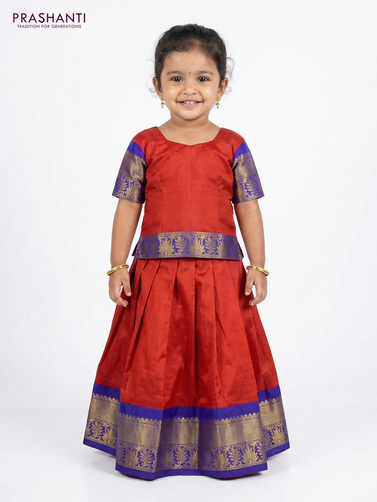 Pure silk unstitched kids lehenga rustic orange and blue with plain body and zari woven border - Image 2