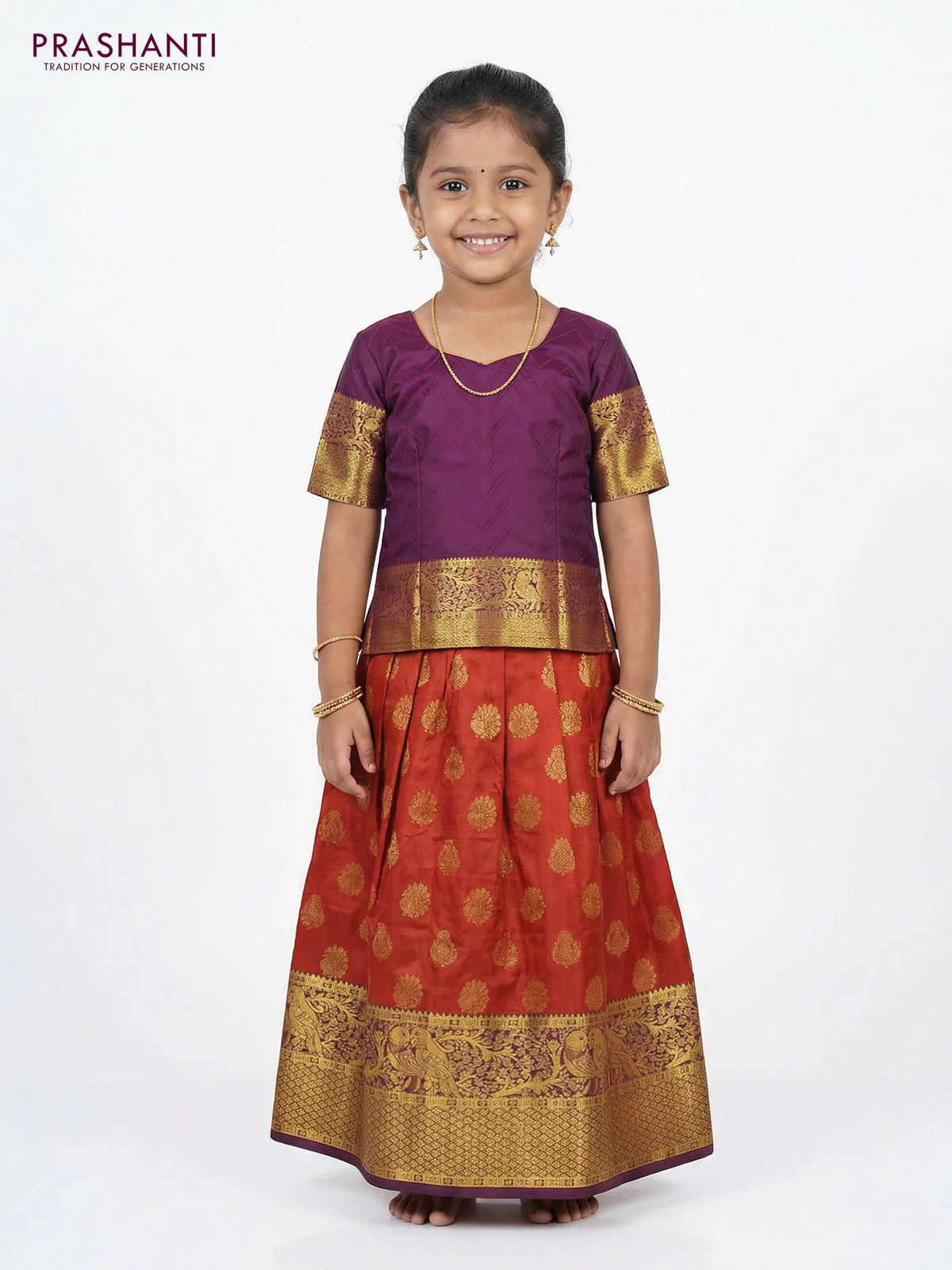 Pure silk unstitched kids lehenga rustic orange and wine shade with allover zari woven buttas and rich zari woven border - Image 2