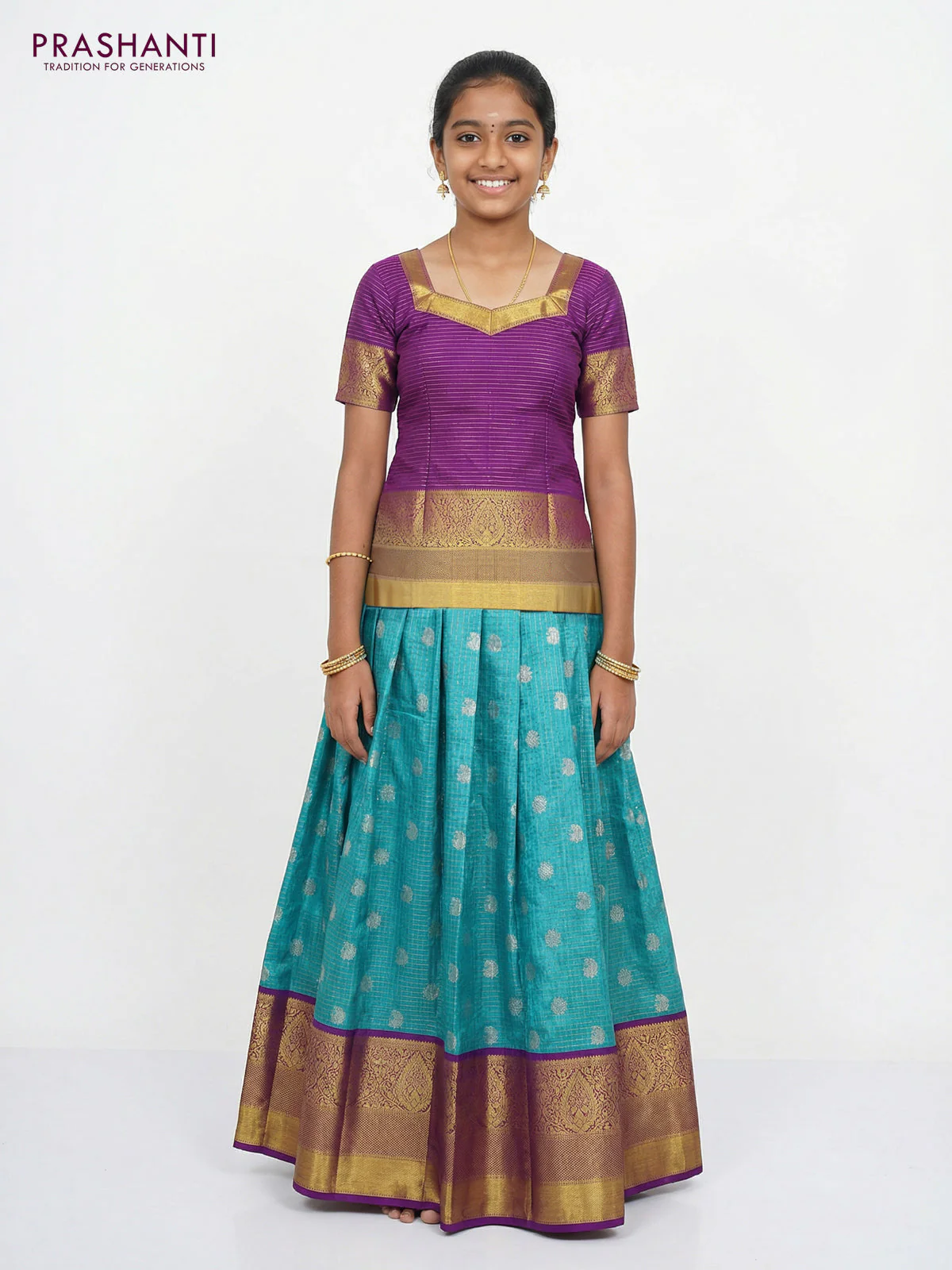 Pure silk unstitched kids lehenga teal blue and purple with allover zari woven brocade weaves and long zari woven border - Image 2