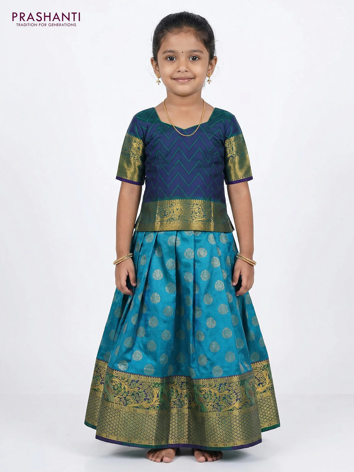 Pure silk unstitched kids lehenga teal blue and violet with allover silver zari woven buttas and rich zari woven border - Image 2