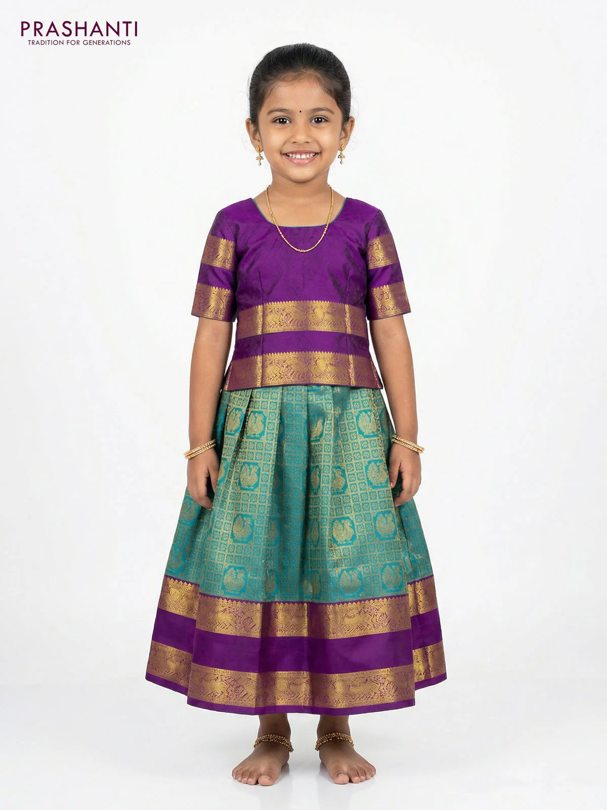 Pure silk unstitched kids lehenga teal green and purple with allover zari woven brocade weaves and rettapet zari woven border - Image 2