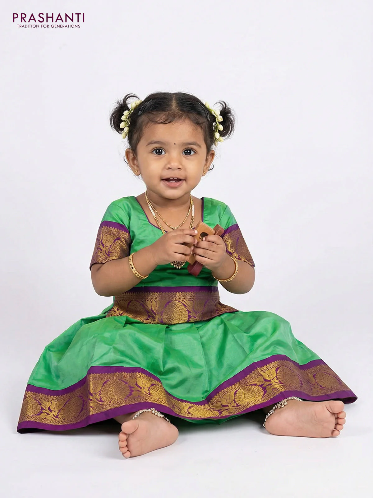 Pure silk unstitched kids lehenga teal green and purple with plain body and zari woven border - Image 2