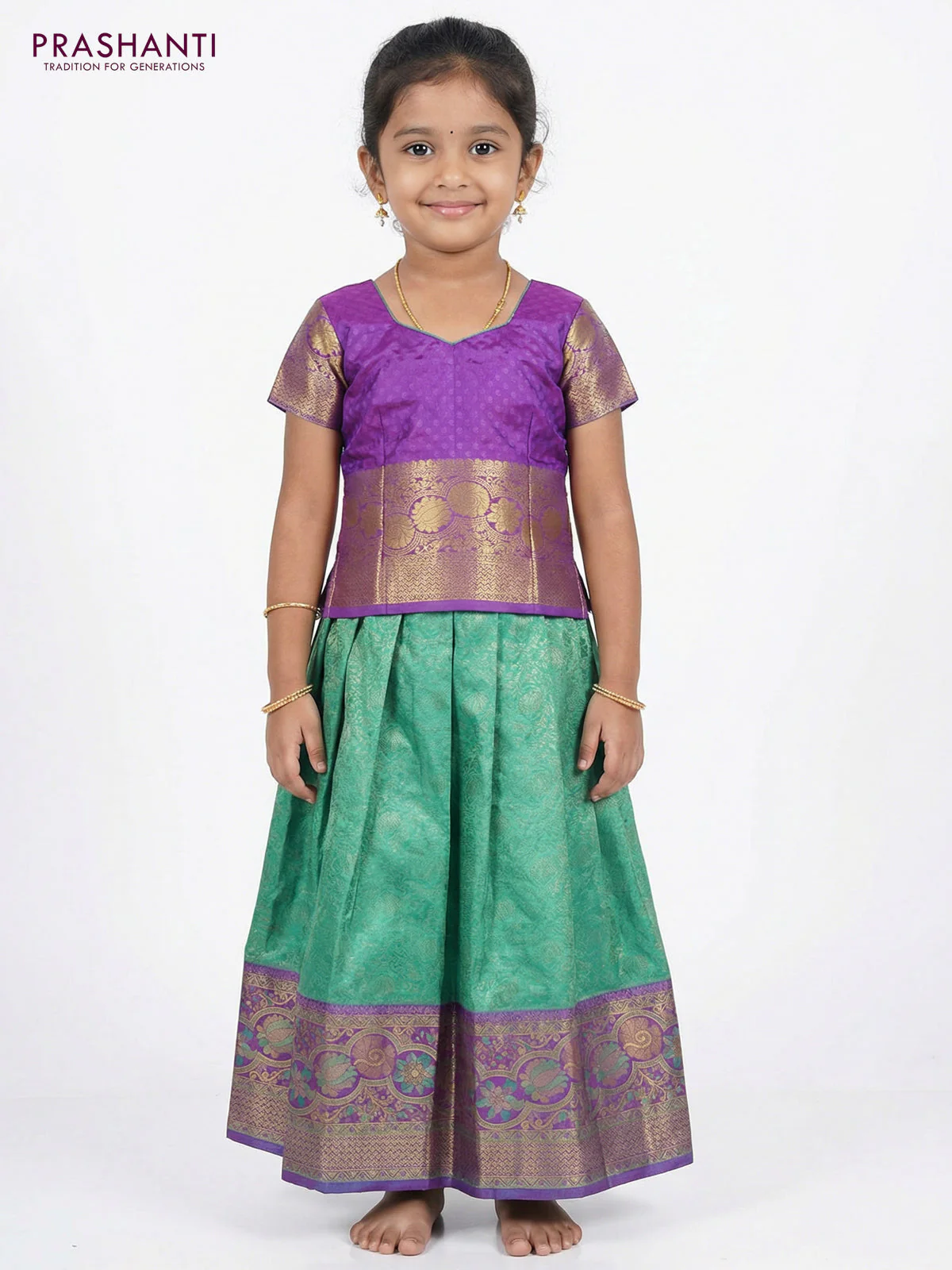Pure silk unstitched kids lehenga teal green shade and lavender with allover silver zari woven brocade weaves and rich zari woven border - Image 2