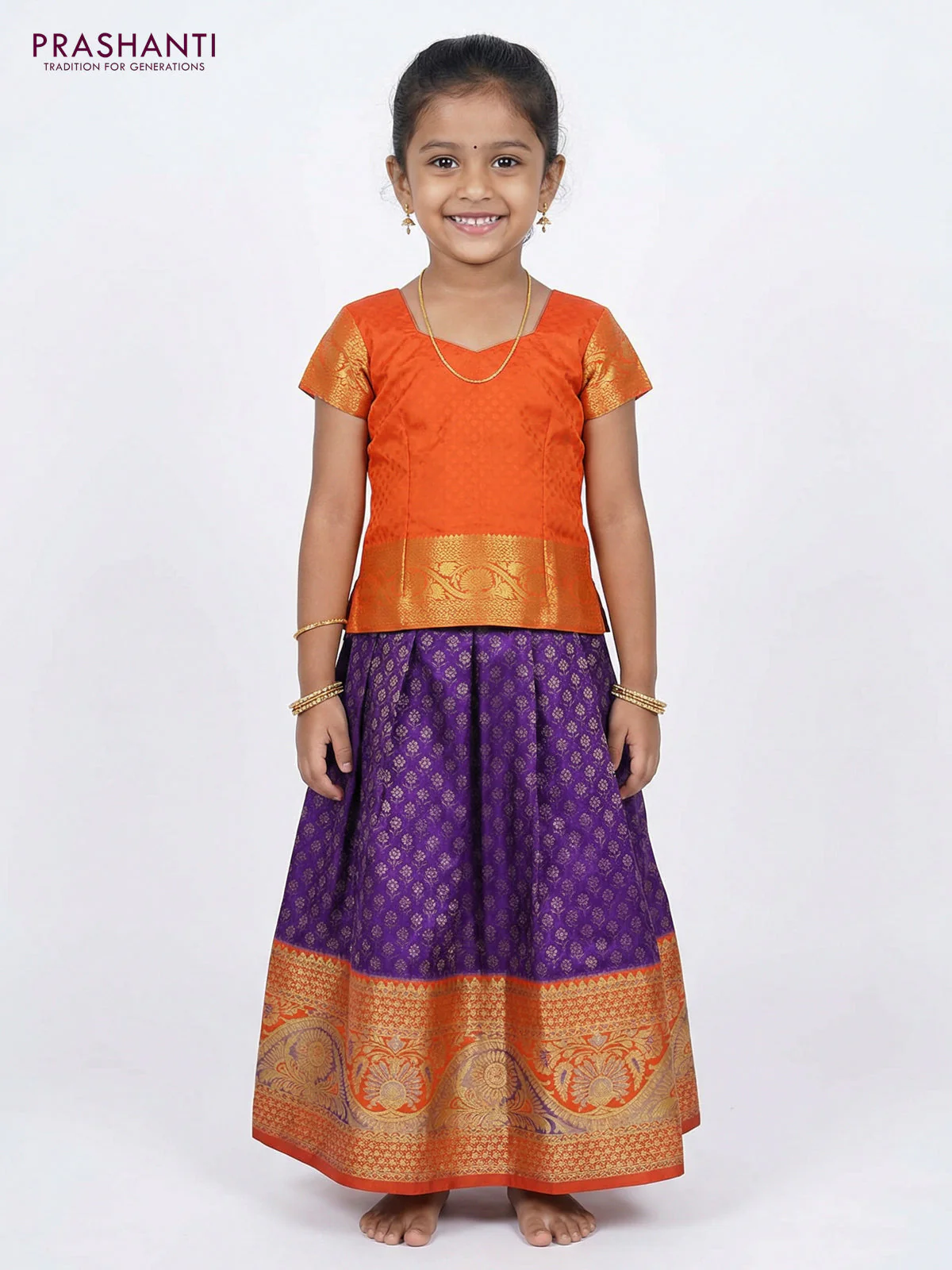 Pure silk unstitched kids lehenga violet and orange with allover silver zari woven brocade weaves and rich zari woven border - Image 2